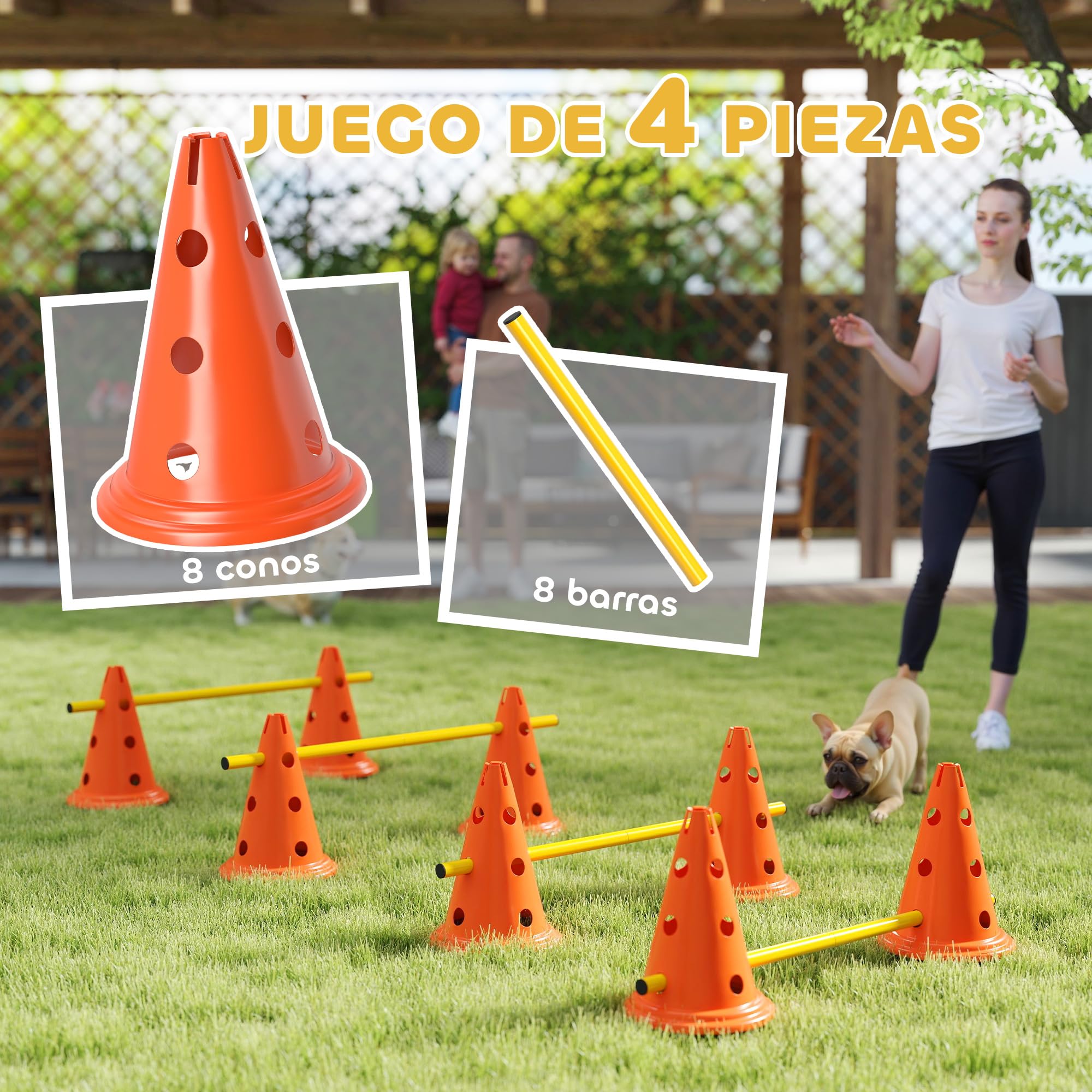 PawHut Juego de Agilidad para Perros, Vallas de Obstáculos de Entrenamiento de Coordinación, 8 Conos 30 cm de Altura, 4 Barras 80 cm de Longitud y Bolsa de Transporte, para Deporte de Fútbol y Perros