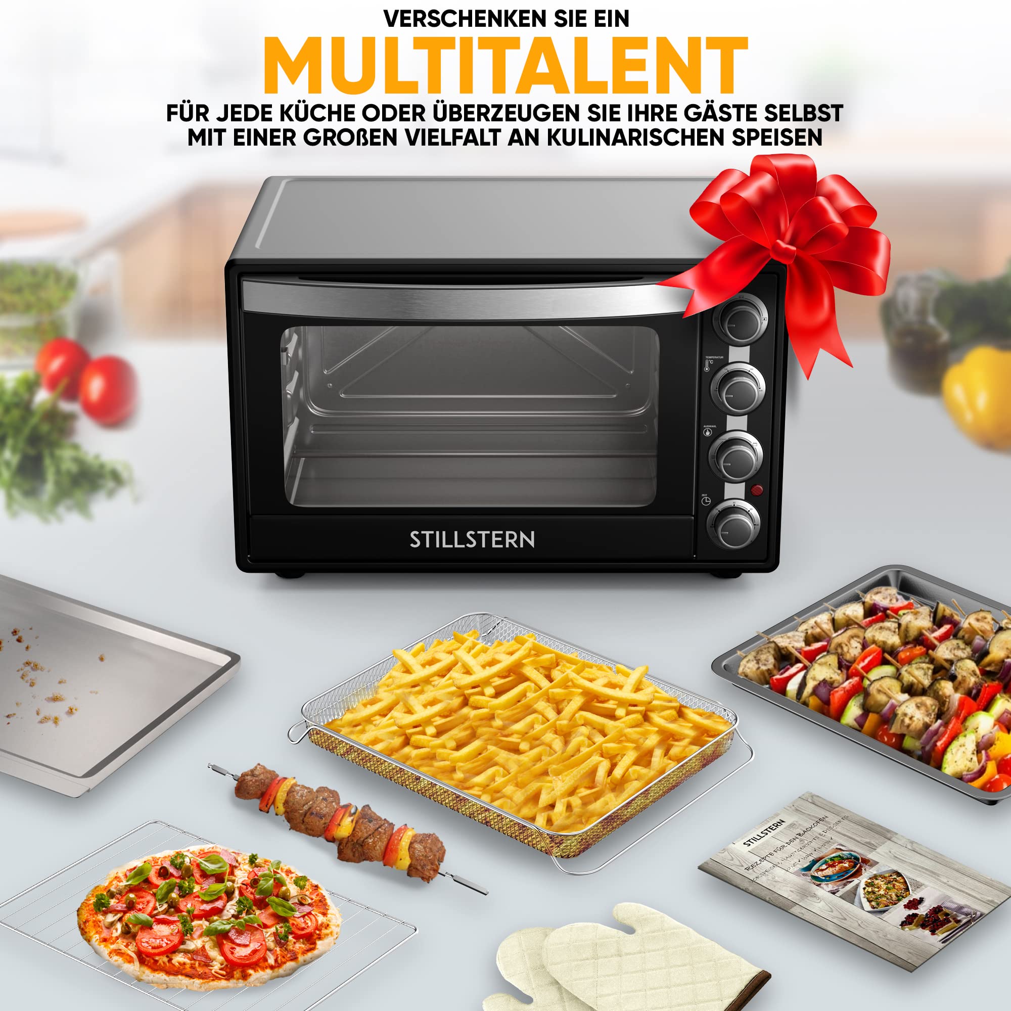 Stillstern Minibackofen mit Umluft 60L (DE Version) Pizza Ø40, CYCLONE PRO+ Antihaftbeschichtung, Auftauen, 2h Timer, Camping Mini Backofen Umluft Pizzaofen Mini Ofen klein Hähnchengrill mit Drehspieß