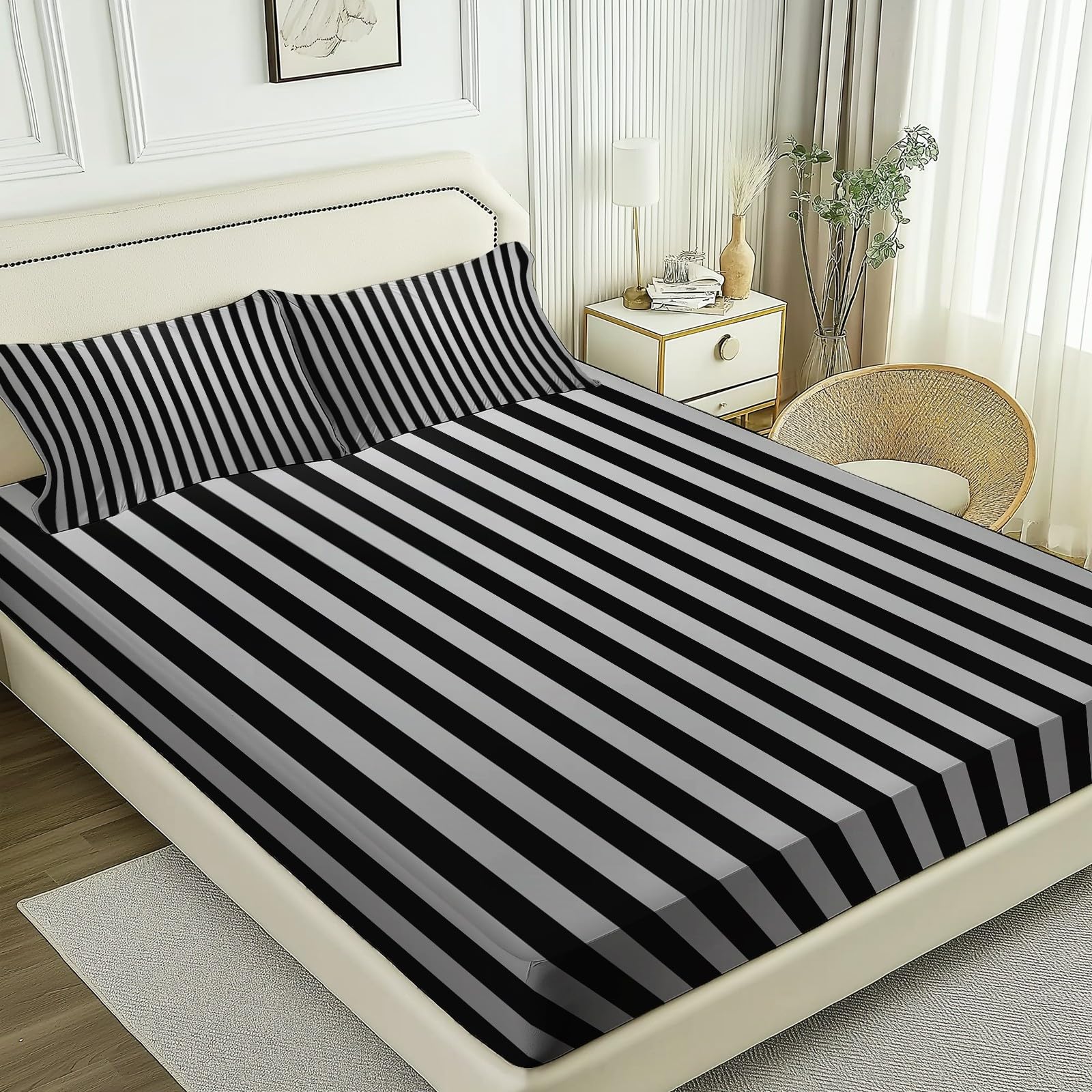 Prześcieradło z gumką proste pionowe linie teksturowane miękkie drukowanie z mikrofibry - 140 × 200 cm wysokość materaca do 30 cm, szary Oddychający i zmywalny pokrowiec na materac z 2 poszewkami na