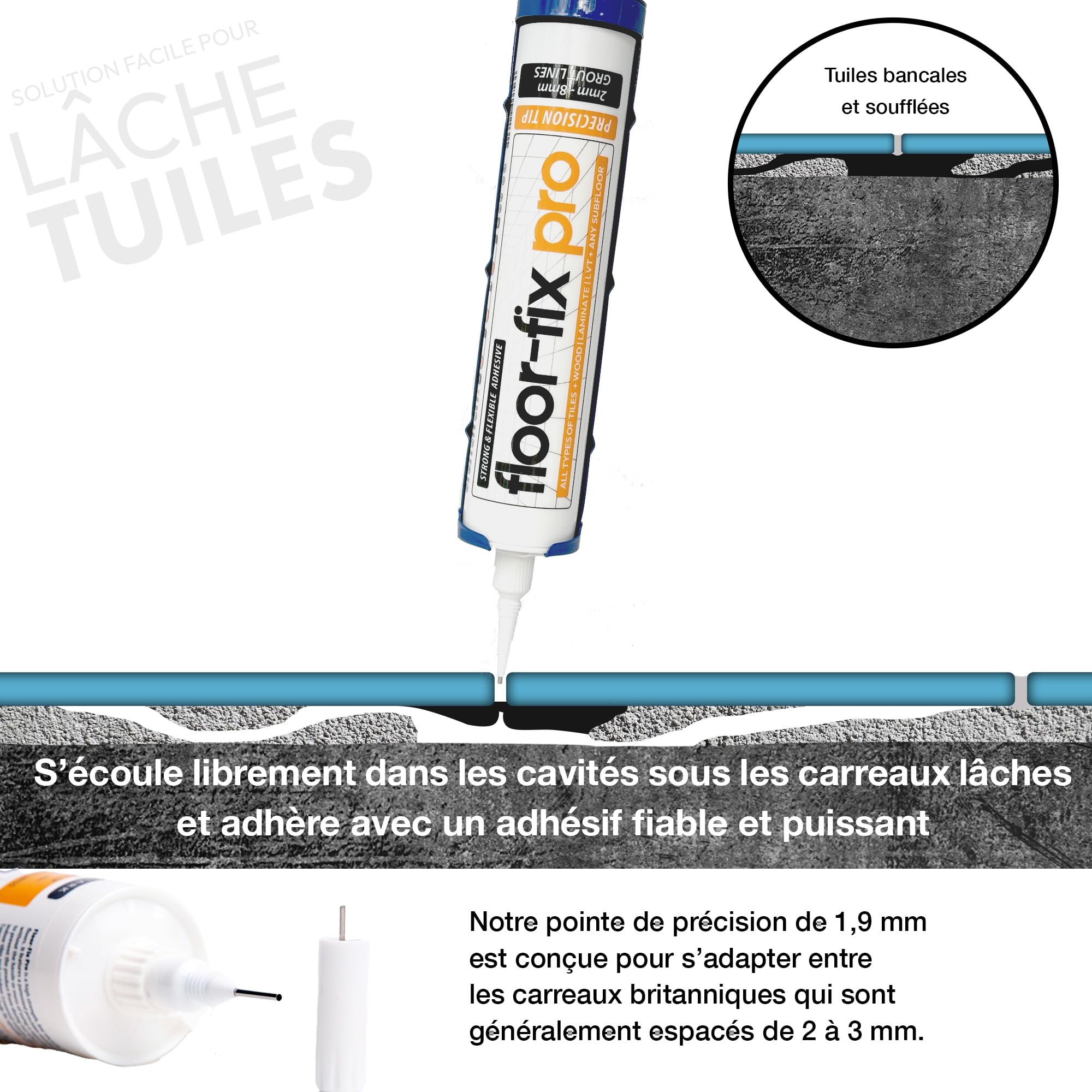 Colle Carrelage et Parquet | Fixation Rapide et Durable | Embout Seringue Intégré | Idéal pour Carreaux Français | Répare Sols, Transparent, Taille 1, Co-Polymer