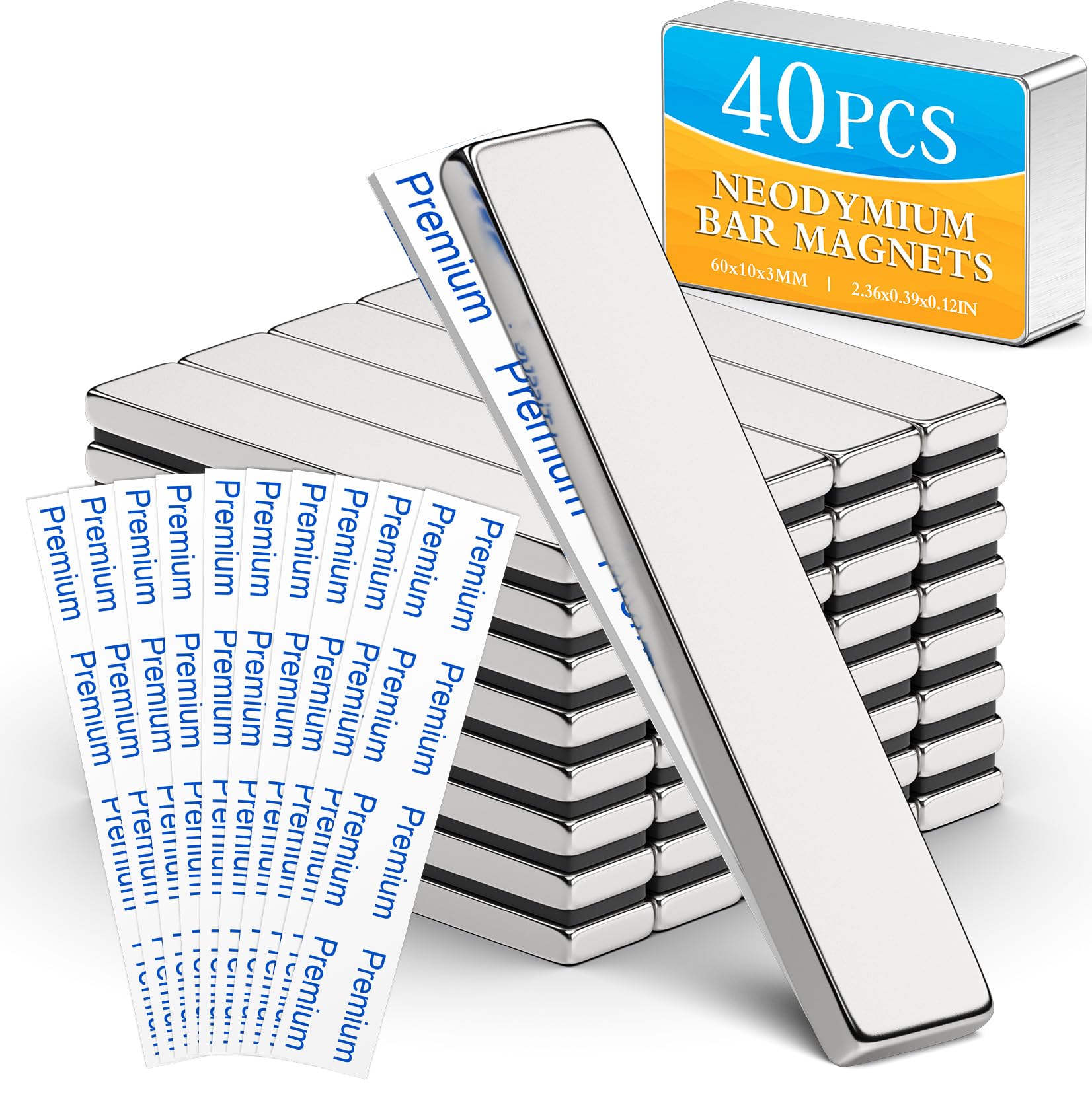 Grtard 40 Pack Powerful Neodymium Bar Magnets, 60 x 10 x 3 mm Rare Earth Magnet Bar, Rectangle Magnet, Neodymium Magnets with Double Sided Adhesive