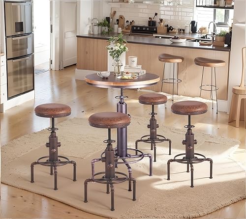 Miniatura 9 de Topower Taburete de bar industrial vintage antiguo de piel sintética, diseño de boca de incendios, café, café, industrial, juego de 2, bronce rojo