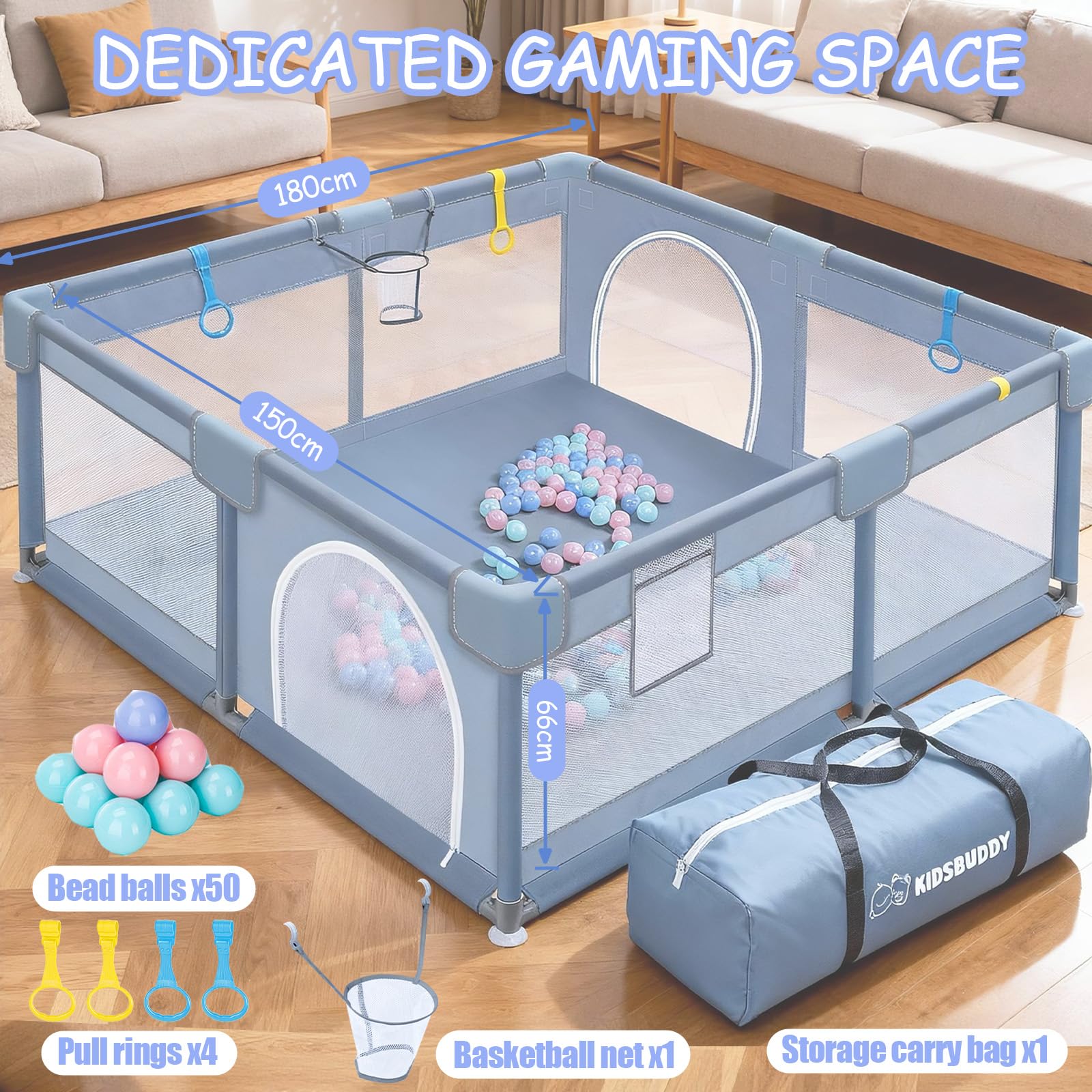 Verdego Parc Bebe 150x180x66cm, Parc Enfant avec 50 Boules de Fosse, 4 Anneaux de Traction, Mini Vannerie, Tissu 210D Oxford et Acier Inoxydable, Espace de Jeu Sécurisé pour Enfants (gris clair)