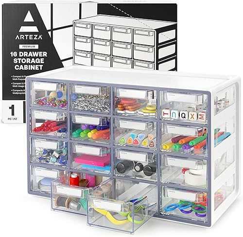 ARTEZA Armario de almacenamiento de 16 cajones 177 x 82 x 109 pulgadas blanco cajones de plástico con tapones organizador de múltiples