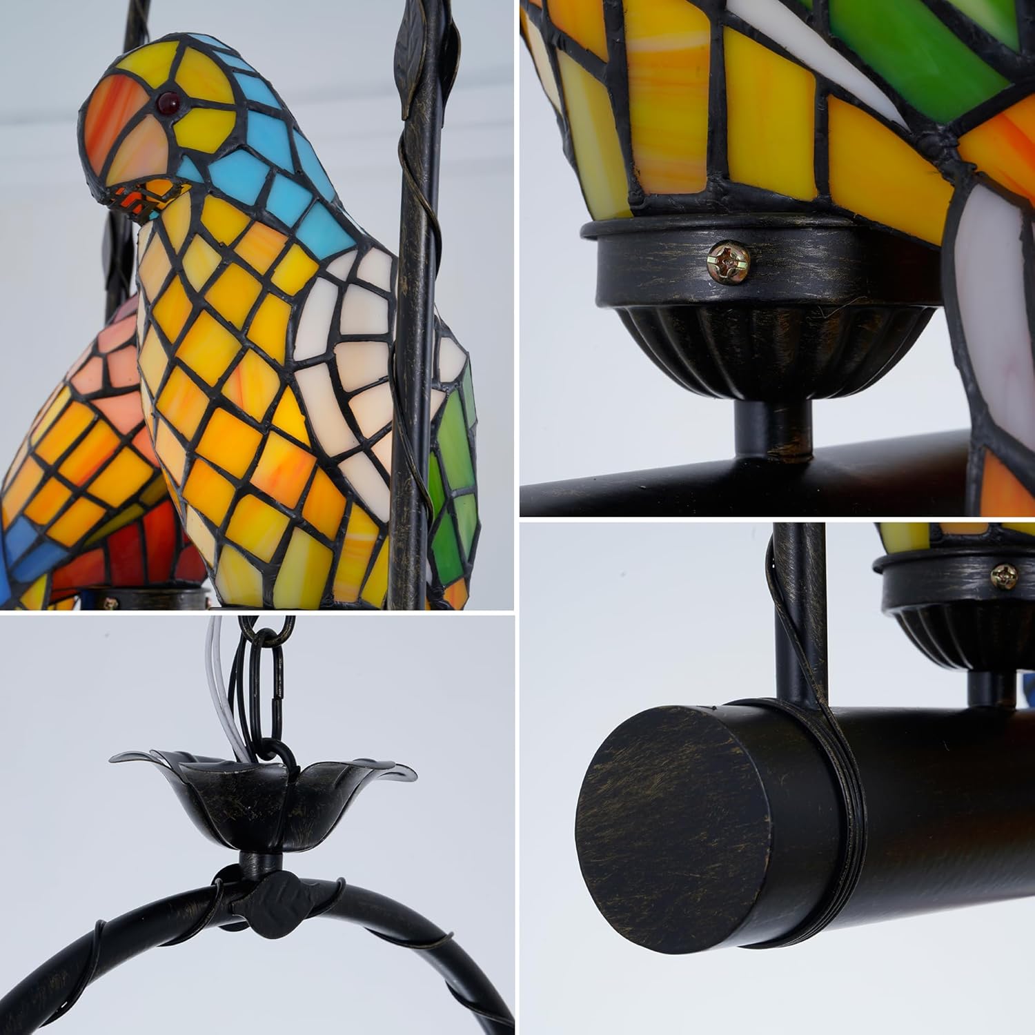 Parrot Pendant Lighting Stained Glass Vintage 2-Light Birds Lamp Chandelier for Art Decor Ceiling Light Fixtures Hanging Pendant Light for Dining Living Room Bedroom Cafe Bar Studio