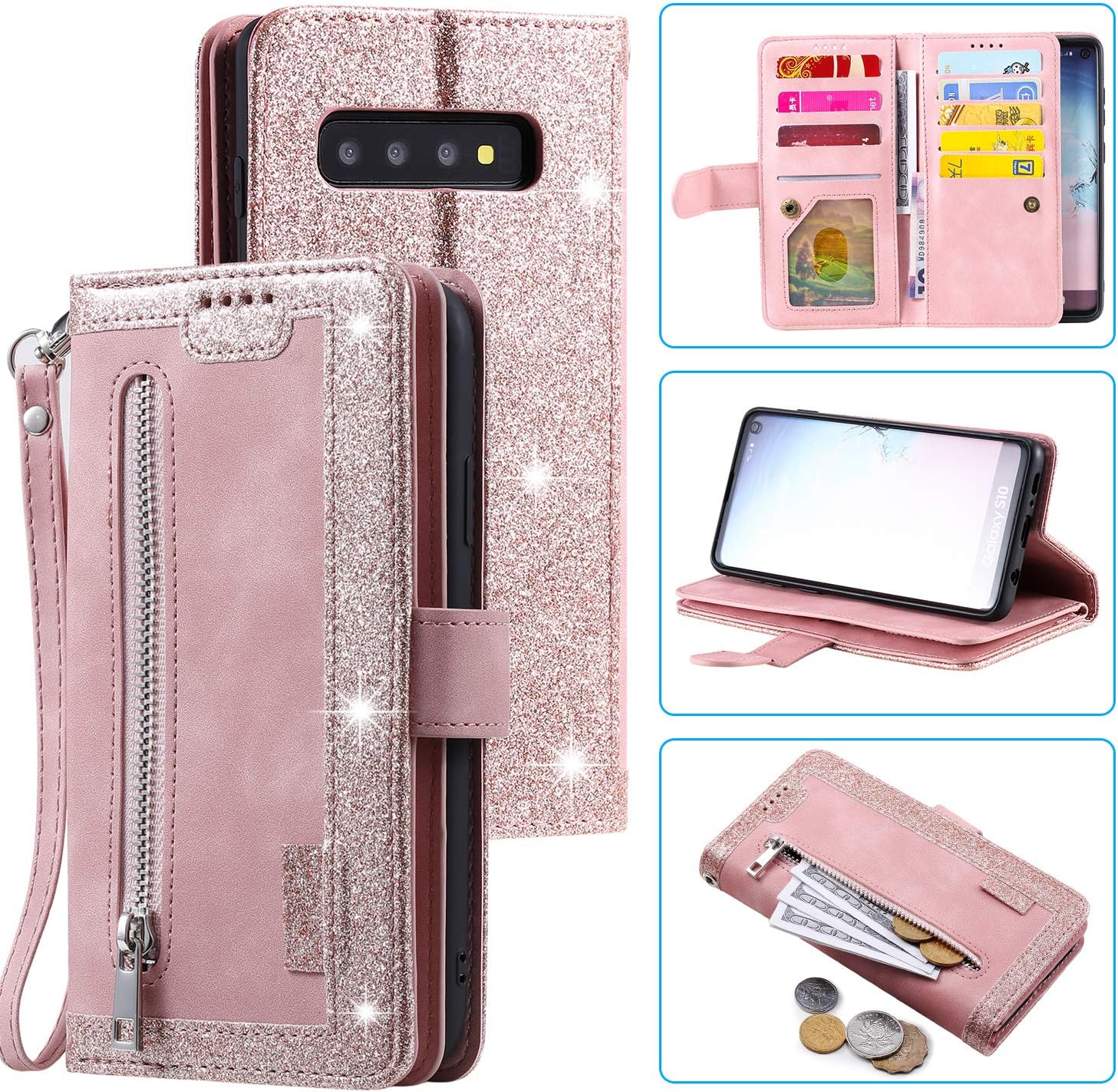 UEEBAI Case for Samsung Galaxy S10 Plus Retro Leather Flip Case Rose Gold