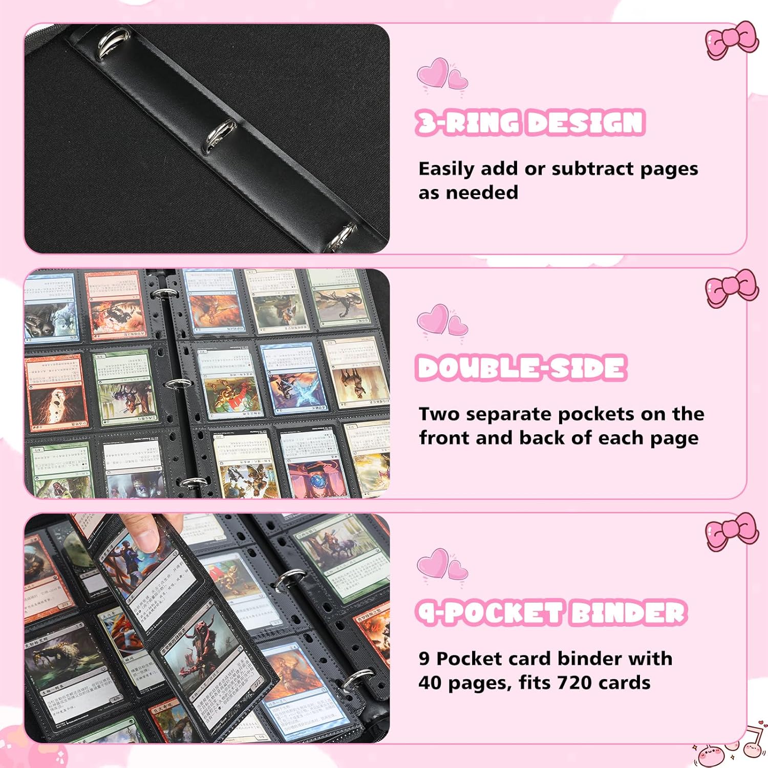 9 Pocket Card Binder for Pokemon Card, 720 Pockets Card Binder Holder with 40 Removable Sleeves, 3-Ring Zip Design Trading Card Albums for MTG/TCG/Sport Collectible Gifts for Boys and Girls (Pink)