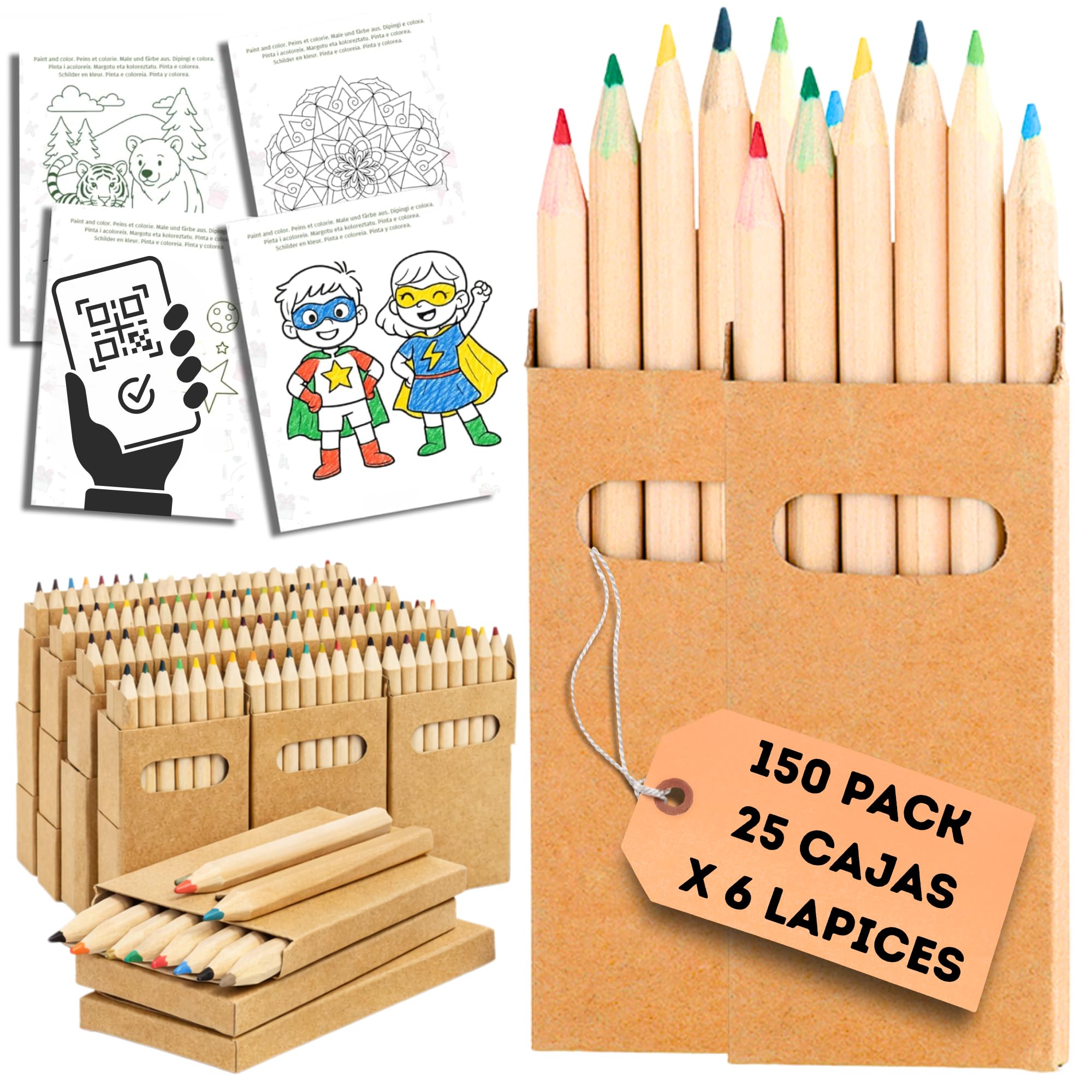 Pack De 25 Cajas De Lápices De Colores AF – 6 Colores Por Caja + Plantillas Imprimibles Por QR, Regalo Perfecto Para Fiestas Y Cumpleaños Infantiles