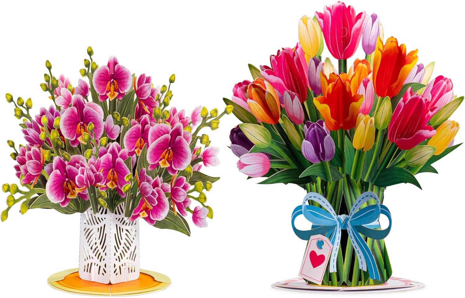 Paper Love Pop Up Card, 2 Pack - Includes 1 Orchid Bouquet and 1 Tulip Bouquet, For Birthday, Mothers Day, Anniversary, Wedding, All Occasion - Includes Envelope and Note Tag