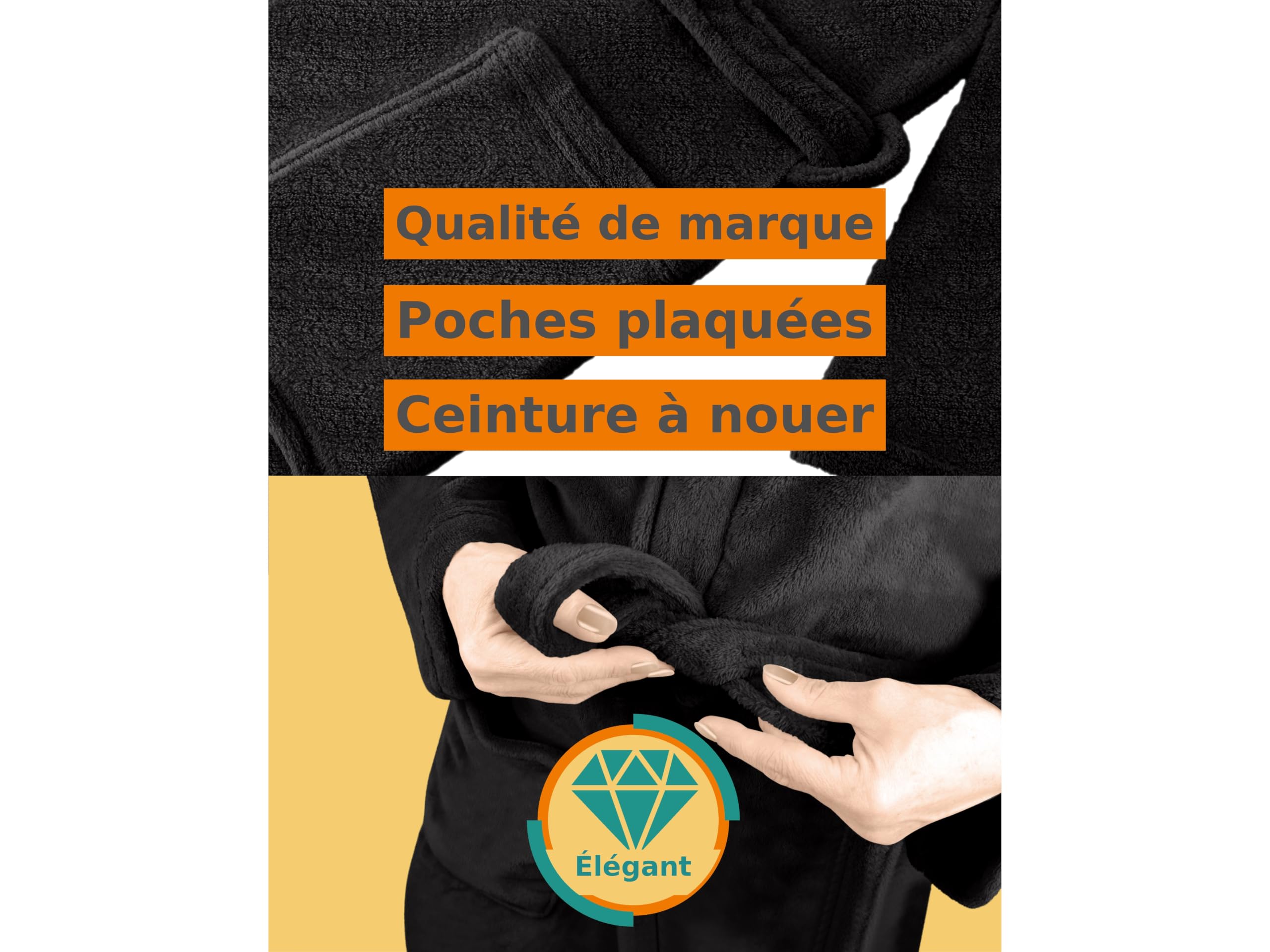 npluseins Peignoir de bain en polaire moelleuse avec col châle – Femme & Homme, XXL, Noir