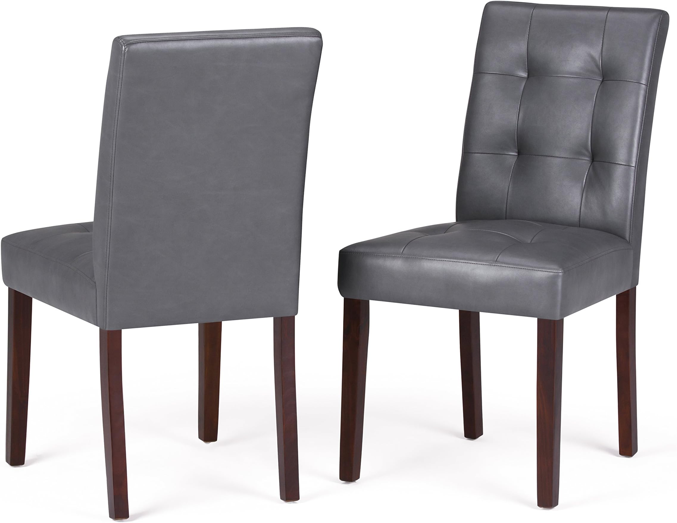 SIMPLIHOME Andover Dining Chairs - Tufted Solid Hardwood and Vegan Leather Parsons Chair Set in Stone Grey, Transitional Dining Room Seating with Cushioned Seat and Button-Tufted Back (Set of 2)