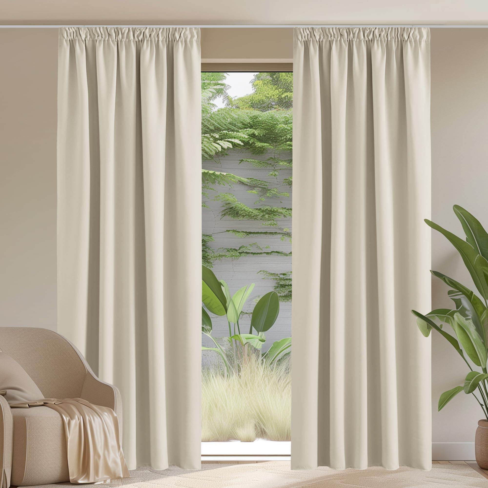PONY DANCE Thermal Curtains for Bedroom - Light Beige Pencil Pleat Blackout Linen Curtains Light Beige Privacy Protected Windproof Drapes for Kids Boys Girls Nursery, W90 X L90, 2 Panels
