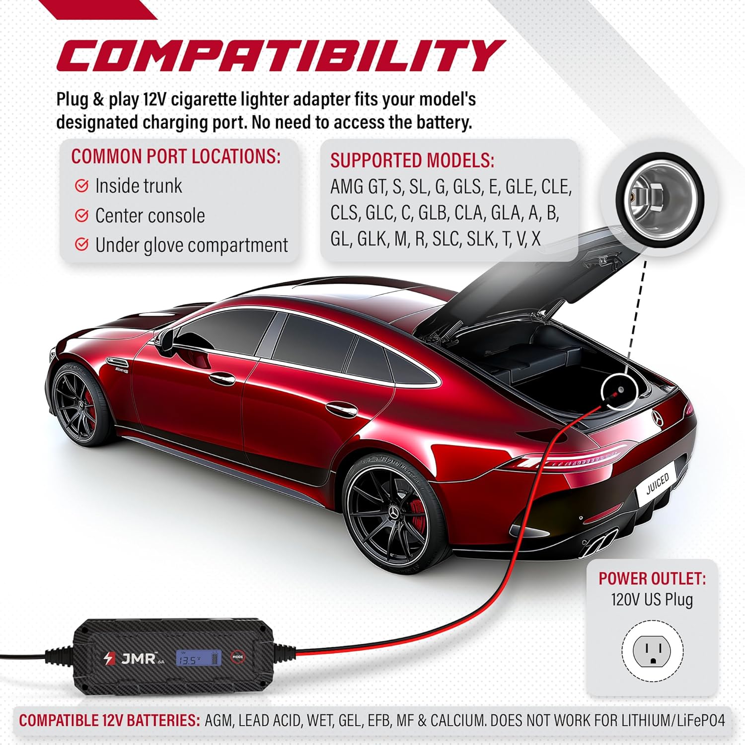 JMR Battery Charger for Mercedes-Benz AMG GT S Class G E C GLE CLS All Models Trickle Charger Conditioner Maintainer (12V Cig Port, No Lithium Mode)