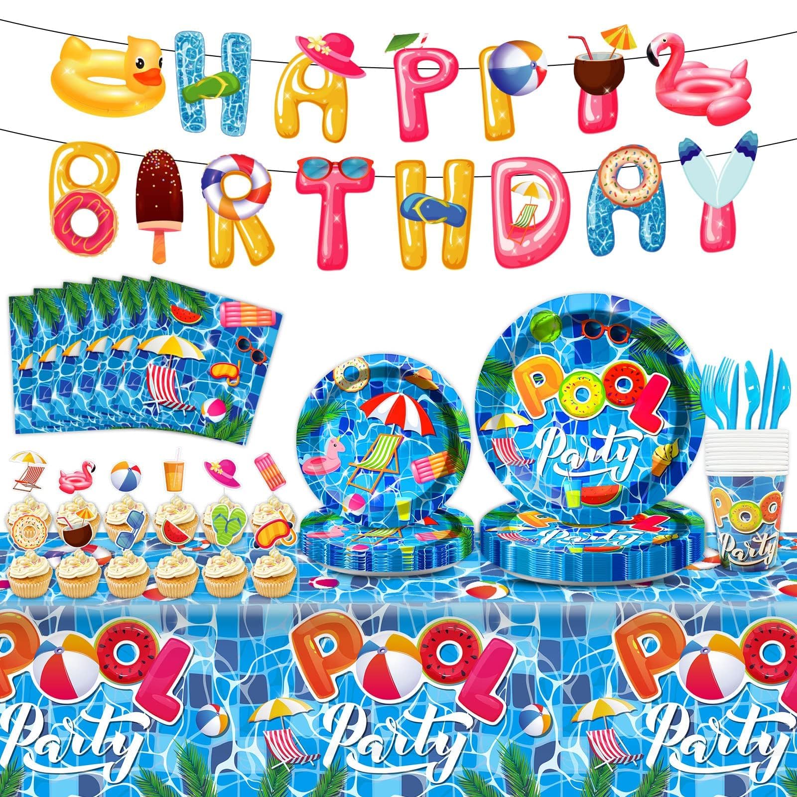 Qyeahkj 239Pcs Summer Beach Pool Party Birthday Decorations Pool Party Tableware Set Supplies Beach Ball Birthday Favors Hawaii Decor,Serve 25