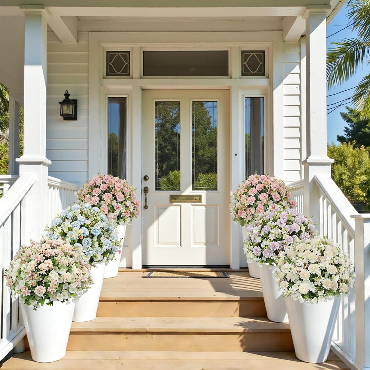 24" Artificial Daisy Flowers for Outdoors, Set of 2 - UV Resistant Faux Potted Eucalyptus Plants & Blue Silk Chrysanthemum Ball in Cement Pots for Covered Front Porch Indoor Spring Decor