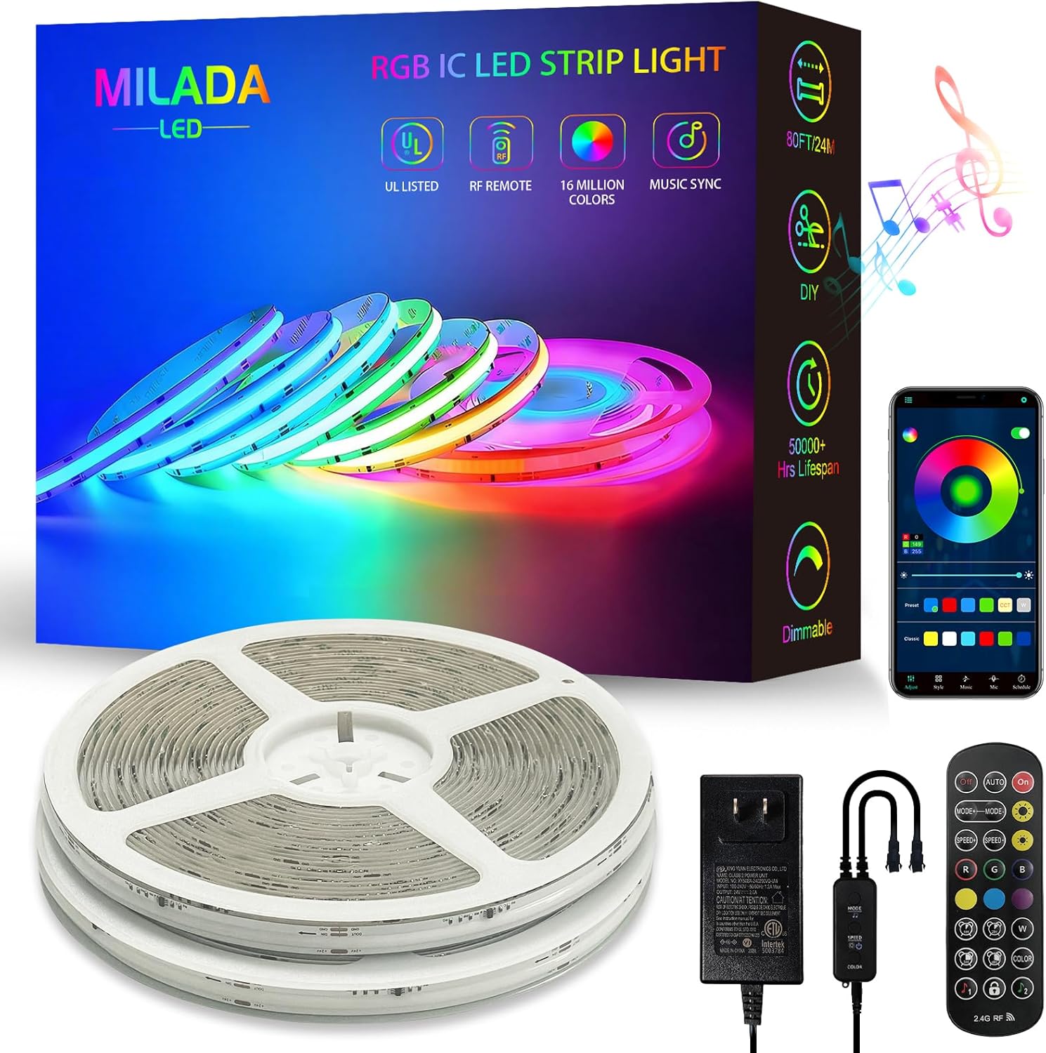 RGB Smart IC COB LED Strip Light, 80ft Light Strip, UL-Listed 24V Color Flowing Strip Light Multicolor Flexible Tape Lights with APP Control/Music Mode,for Bar Counter, Cabinet DIY Decoration（2 Rolls）