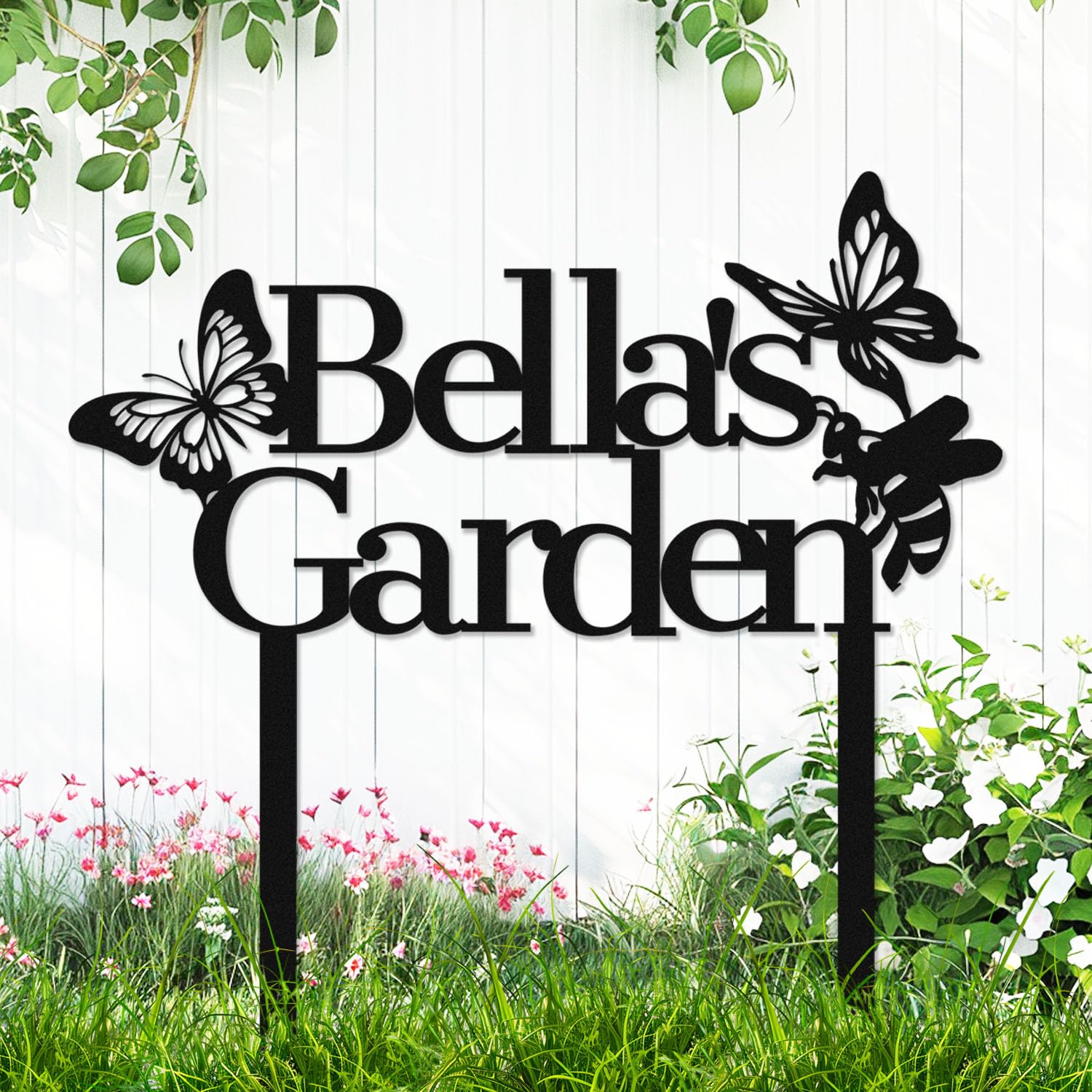 Adthyuxq Butterfly Custom Bee Metal Garden Sign With Stakes Personalized Butterflies Garden Stake Yard Sign, Customized Honeybee Outdoor Decorative Name Sign Gardening Decor