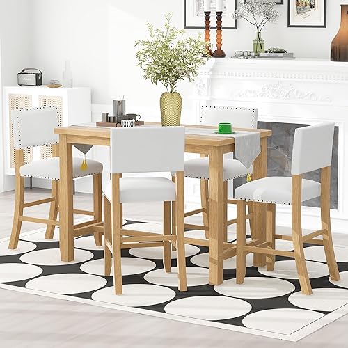 Merax 5 Piece Dining Set Kitchen Table Set Counter Height Table Set with One Rectangle Table and 4 Cushioned Chairs for 4 Persons Dining Room Table Set for Small Place(Table+4 Chairs)