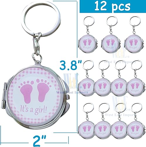 Miniatura 2 de 12 piezas de llavero de espejo compacto para baby shower, diseño de huella rosa para ideas de regalo de niña