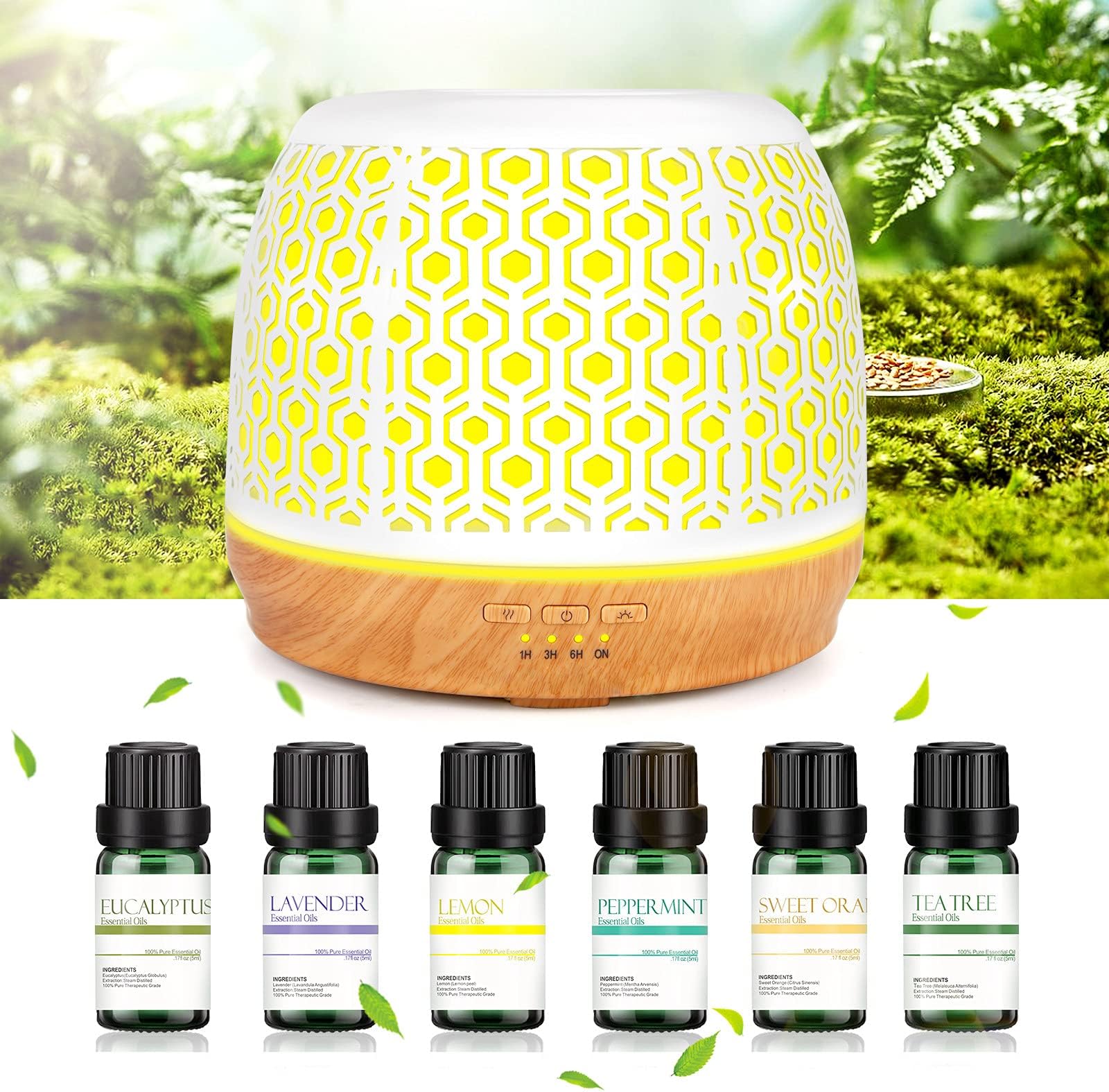 Sworway 500ml Essential Oil Diffuser with 6 Essential Oils of 10ml, Lavender/Lemon/Sweet Orange/Tea Tree/Mint/Eucalyptus Humidifier Auto-off with 7 Color Light for Home, Office, Yoga, SPA