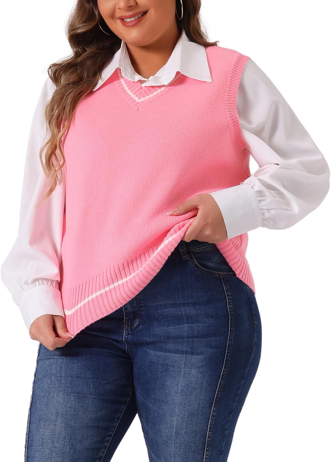 Agnes Orinda Plus Size Sweater Vest for Women V Neck Stripe Cable Knit Sleeveless Pullover Sweater Vest - Image 2