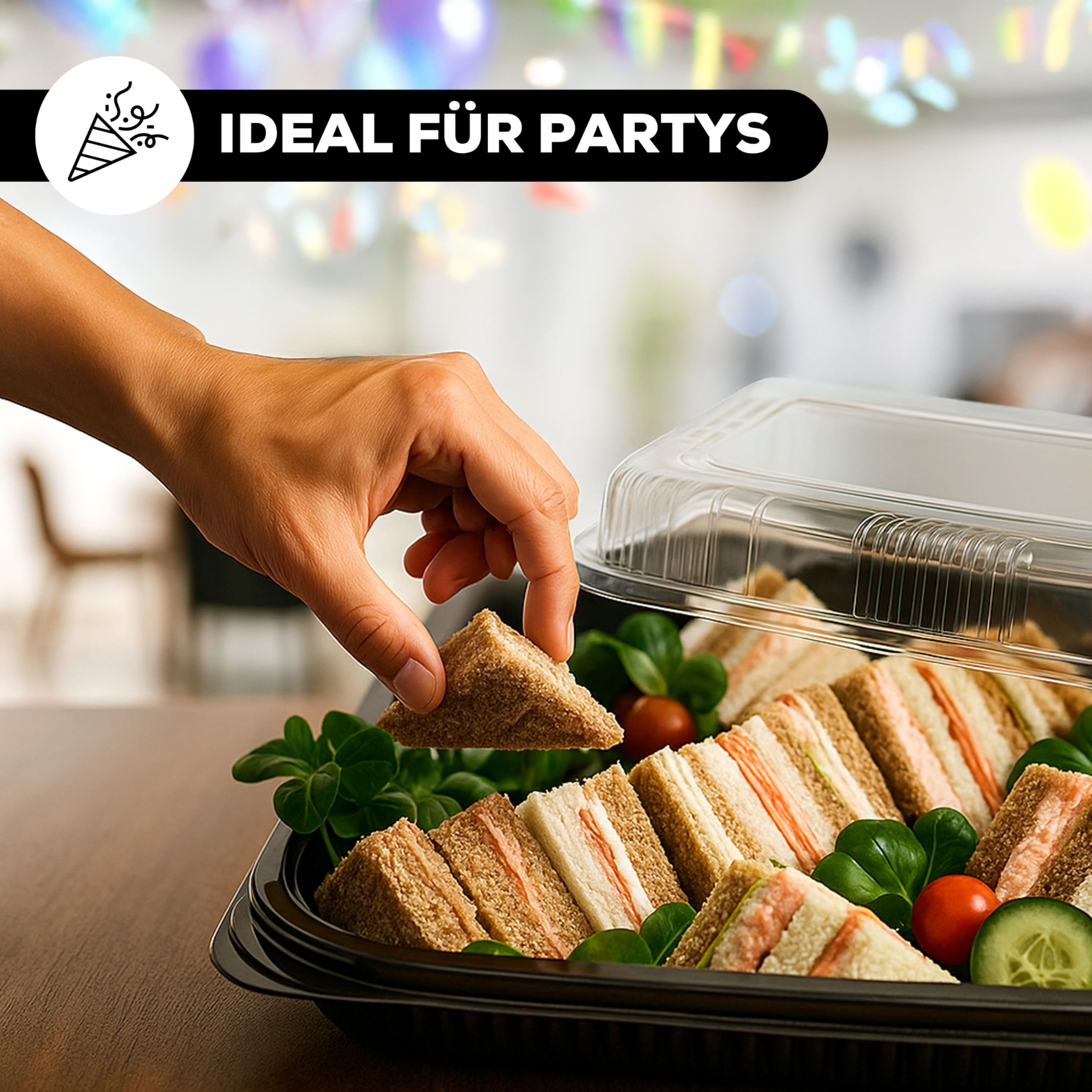 5er-Set Serviertabletts – 34 x 24 x 7,5 cm Servierplatte mit Deckel für Buffet Zubehör Partys und Catering, Einweg Inklusive Sticker-Etiketten