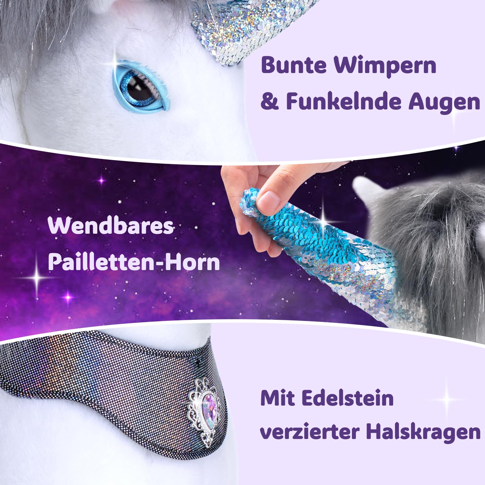 PonyCycle Modell Y Einhorn zum Reiten | Grau | 3-4 Jahre | mit Bremse | Reit-Einhorn für Kinder, Pailletten-Horn & 4 Sounds, beweglicher Sattel, Handbremse, leise Räder, Indoor & Outdoor, Größe 3