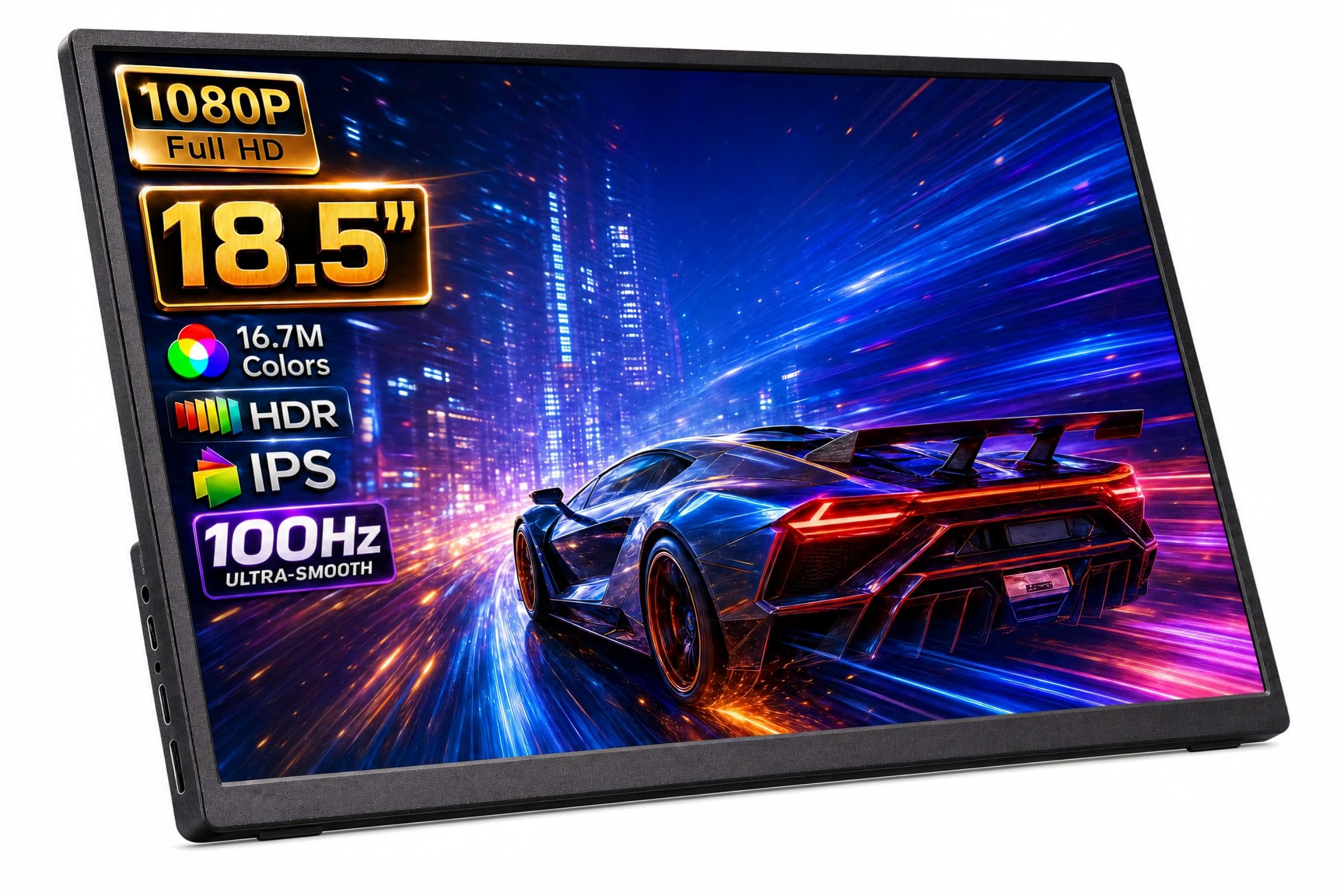 Monitor portátil 18.5" 100Hz FHD USB-C HDMI monitor de viaje con soporte integrado, VESA y altavoces, monitor de juegos portátil HDR para cuidado de los ojos