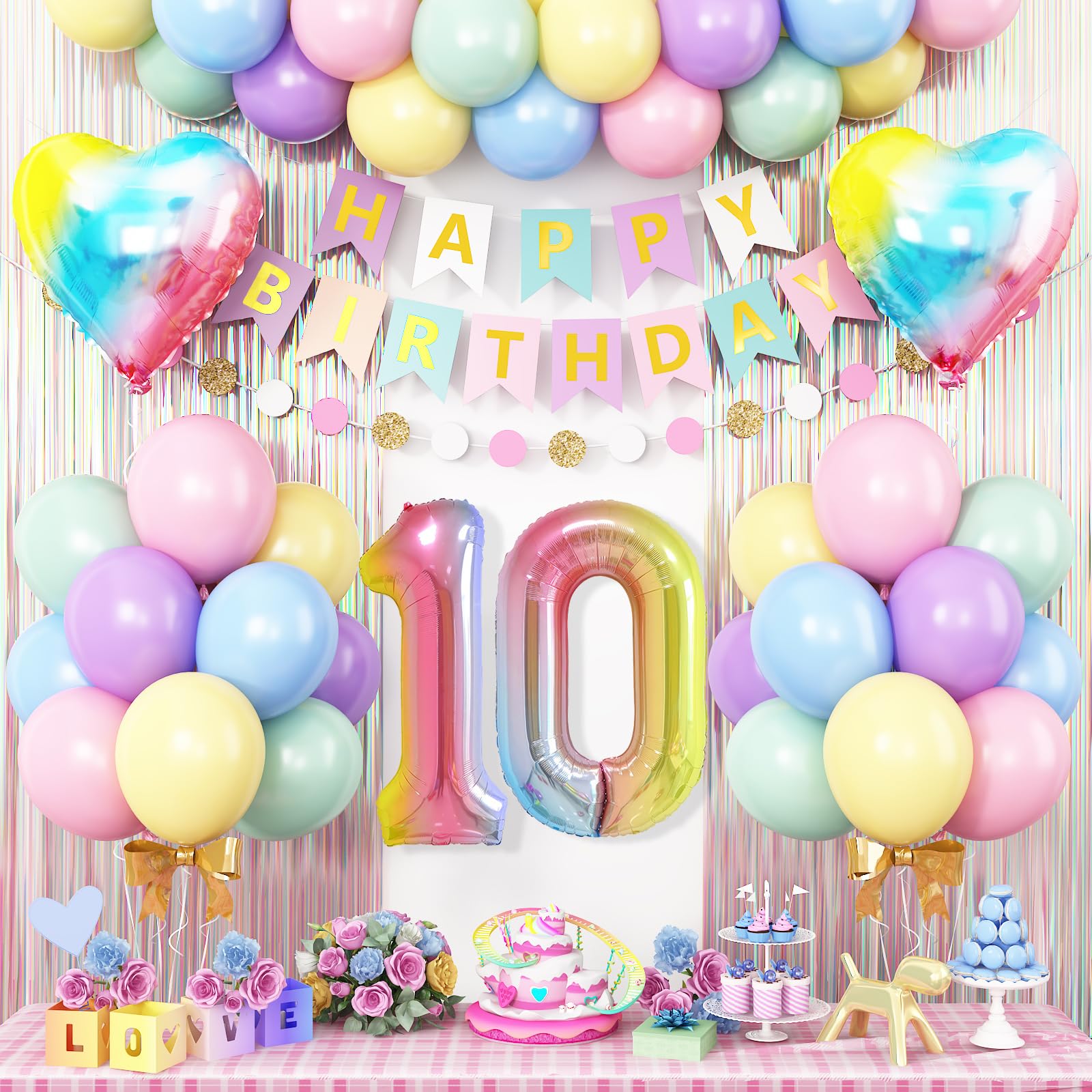 10th Birthday Decorations Rainbow,Gradient Number 10 Balloon,Pastel Happy Birthday Banner Fringe Curtain Heart Foil Balloons Boys Girls 10 Year Old