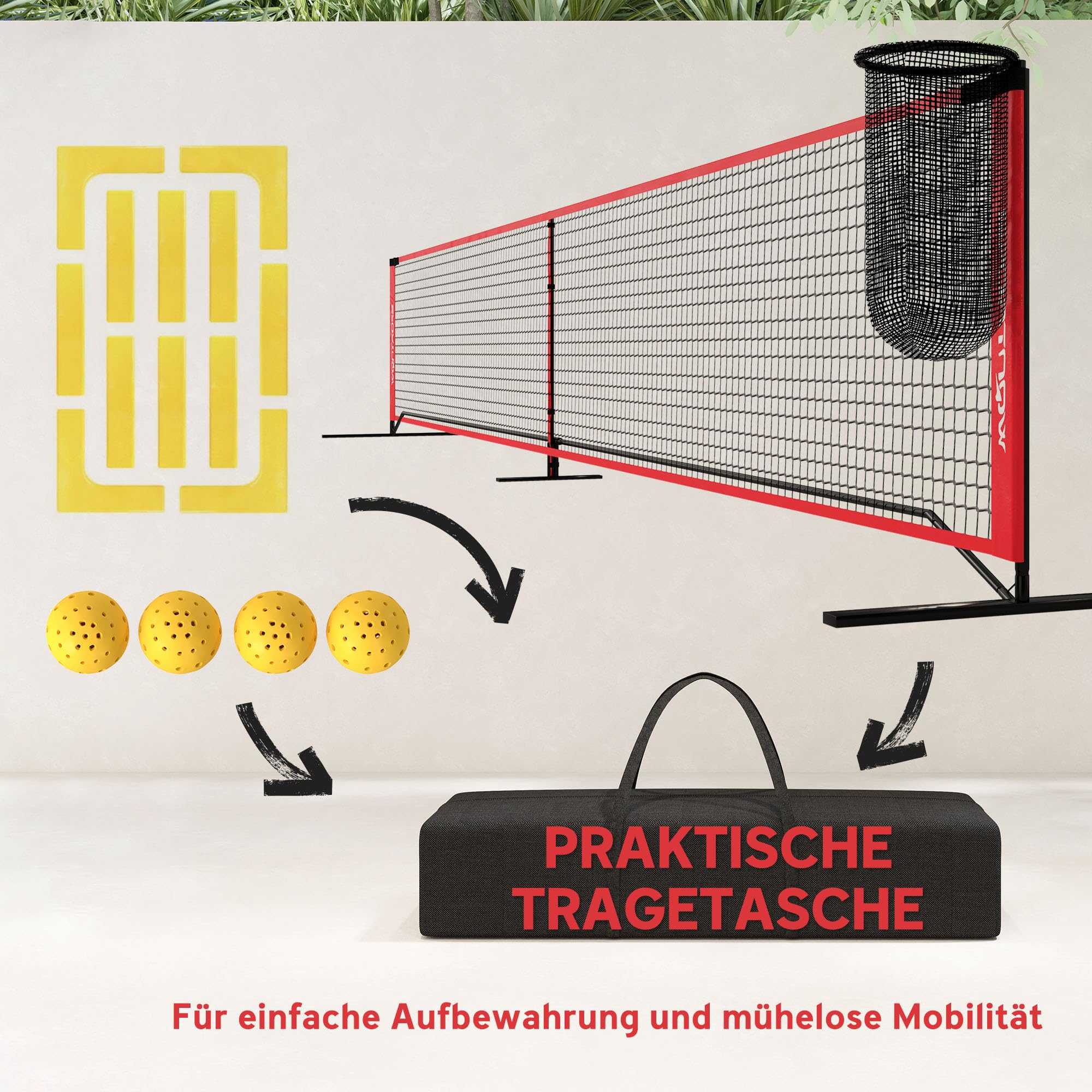 SPORTNOW Pickleball-Netz tragbares Set, 6,7 m Pickleball-System mit Netz, Ballaufsammler, Vier Bälle, Spielfeldmarkierungs-Set und Tragetasche für Auffahrt Outdoor