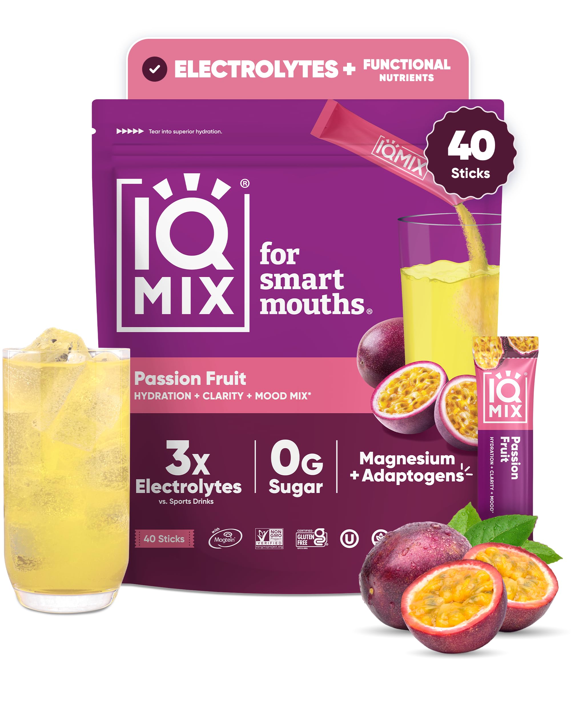 IQMIX Sugar Free Electrolytes Powder Packets, Passion Fruit 40ct