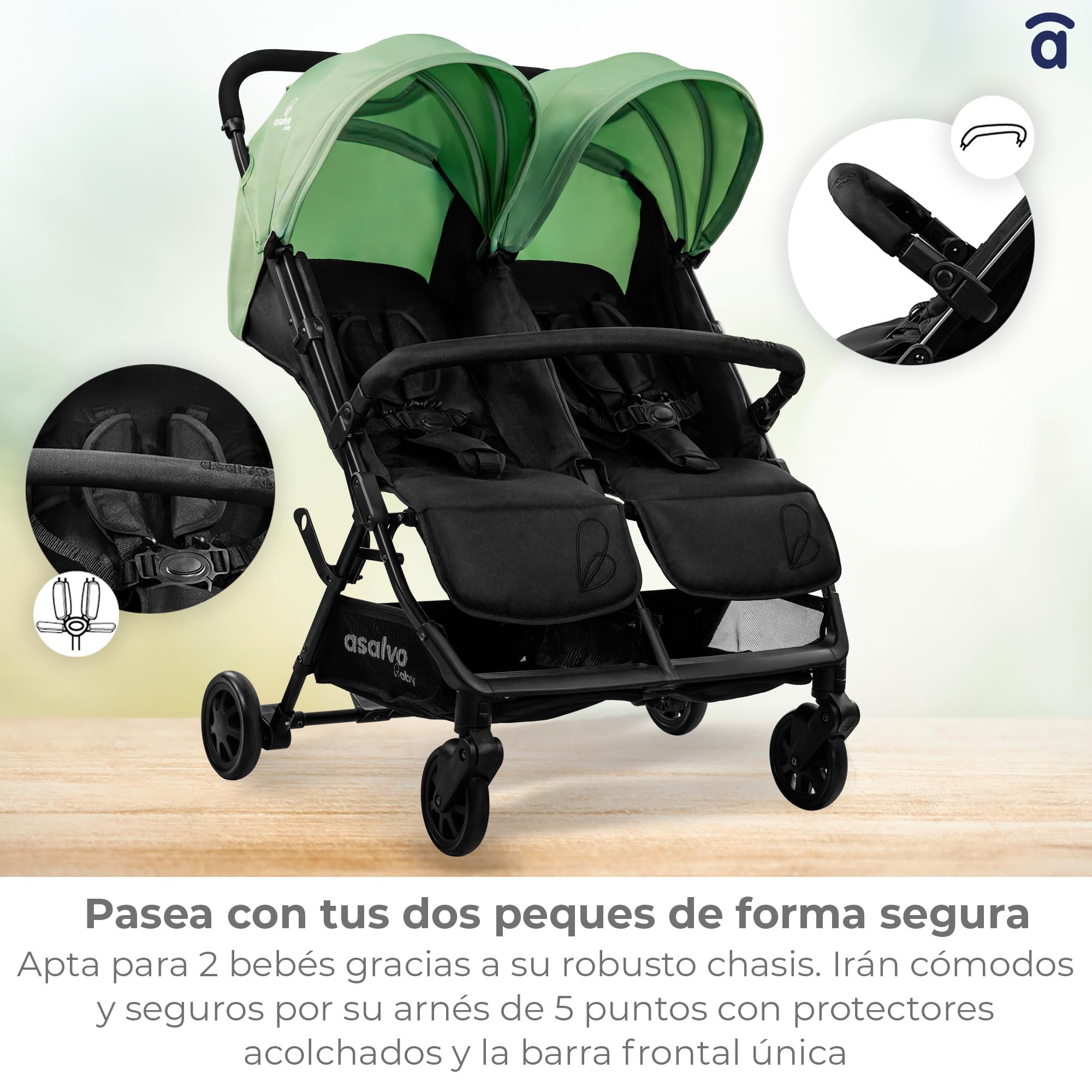 Asalvo DOUBLE HENRY Silla de paseo Doble, Cochecito doble para Gemelos y Hermanos, Ligera, Reclinable, Compacta, Plegable, Hasta 33kg, Freno trasero, Capota con ventana, Manejable, Verde