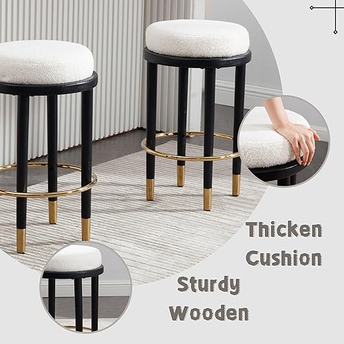 Miniatura 4 de Juego de 2 taburetes de bar de 26 pulgadas de altura de mostrador, taburetes de bar tapizados de sherpa blanco con patas de madera negra, sillas de