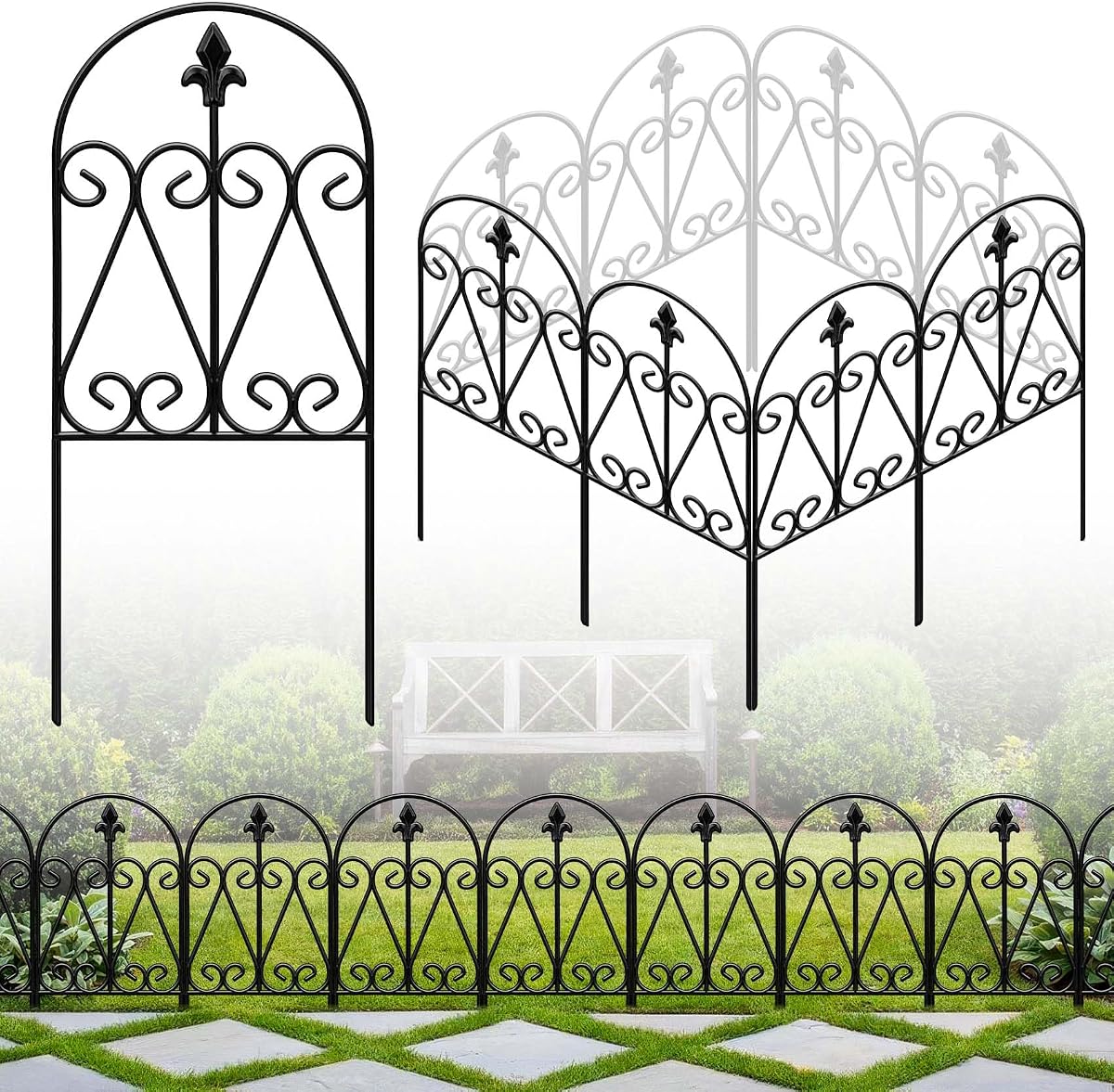 Valla decorativa para jardín de 24,5 pulgadas x 10,8 pies, paquete de 10 cercas de jardín de metal negro | Barrera de animales para valla de jardín resistente al óxido, valla sin excavación, valla al aire libre para parterres de flores, decoración de Patio y patio