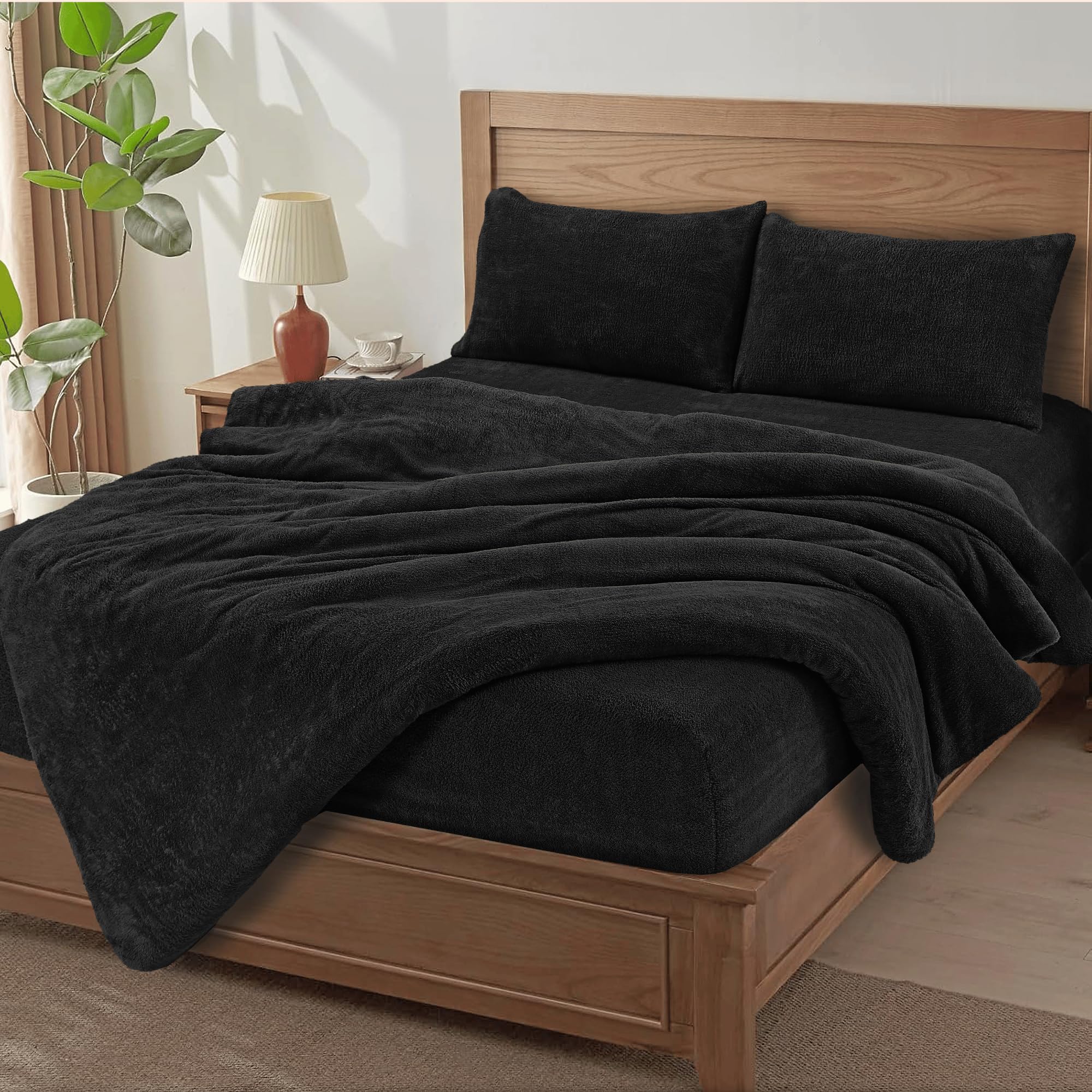 MH Home Soft Teddy Fleece Duvet Cover Breathable, Comfortable & Durable Bedding Cover Cosy, Easy-Care Terry Duvet Cover for Everyday Use (Black, Super King)