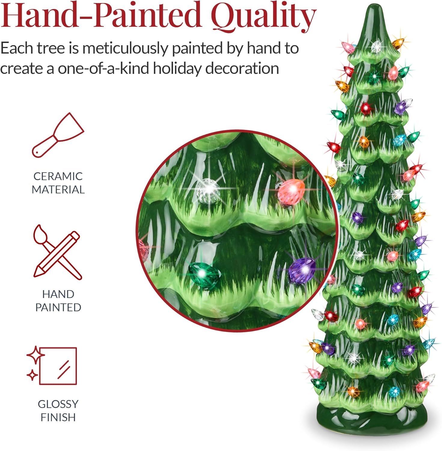 Best Choice Products Ceramic Christmas Tree, 15in Pre-Lit Hand-Painted Tabletop Holiday Decoration w/Multicolor Bulbs, LED Lights – Green - Image 3