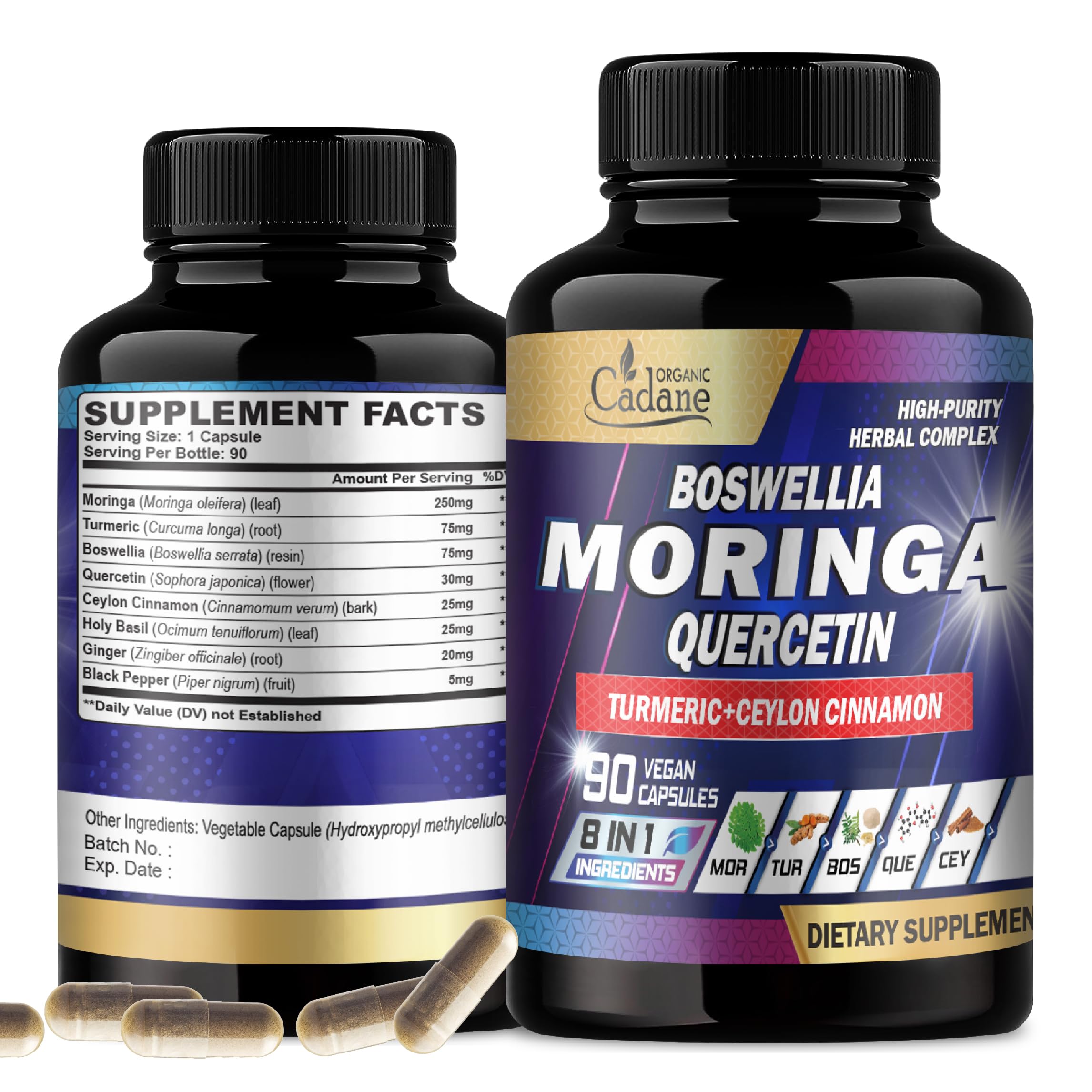 Organic Cadane Moringa Leaf, Boswellia, Quercetin Supplement - 90 Veggie Capsules