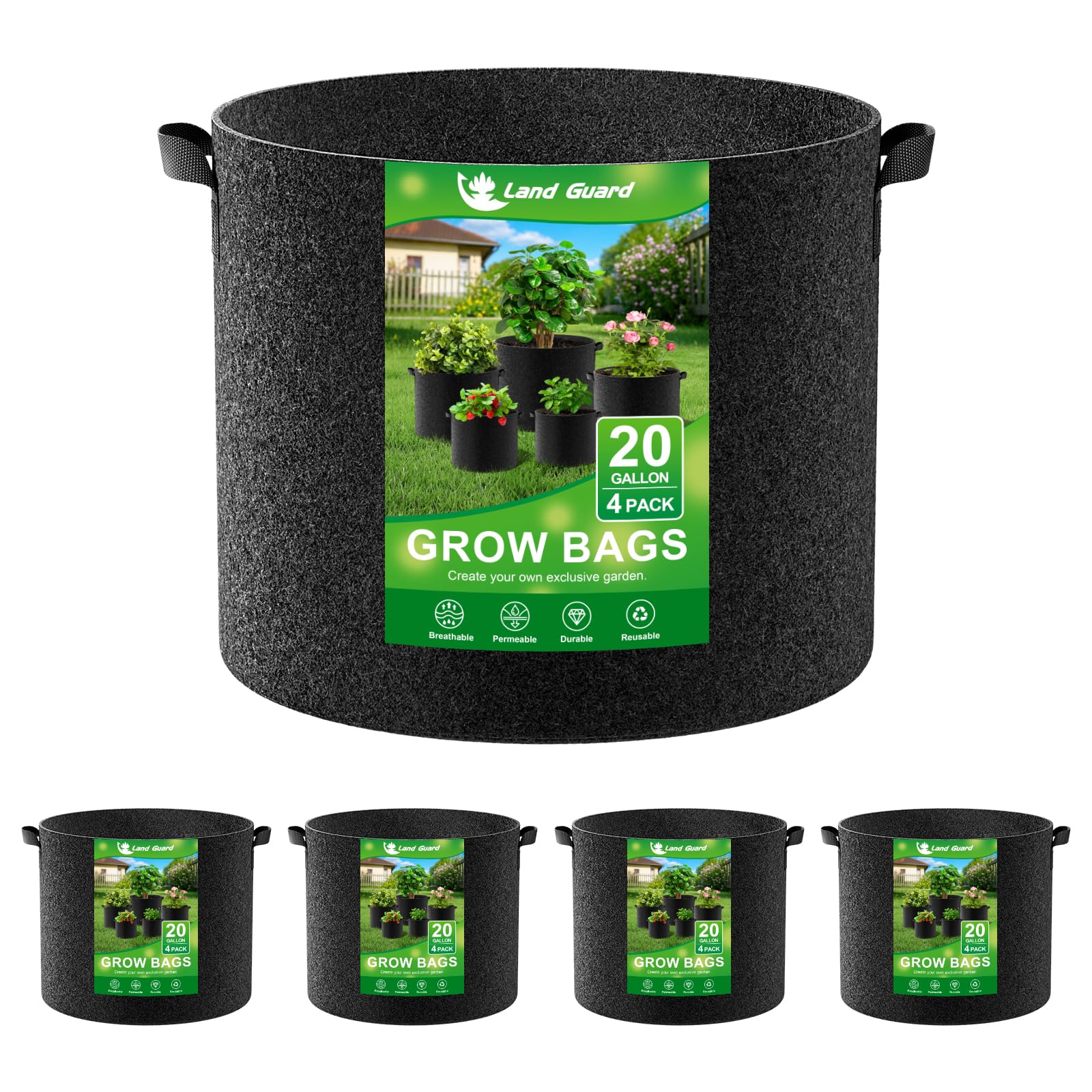 Photo 1 of Land Guard 4-Pack Fabric Grow Bags 20 Gallon, Thickened Nonwoven Garden Pots, Growing Bags with Handles, Black