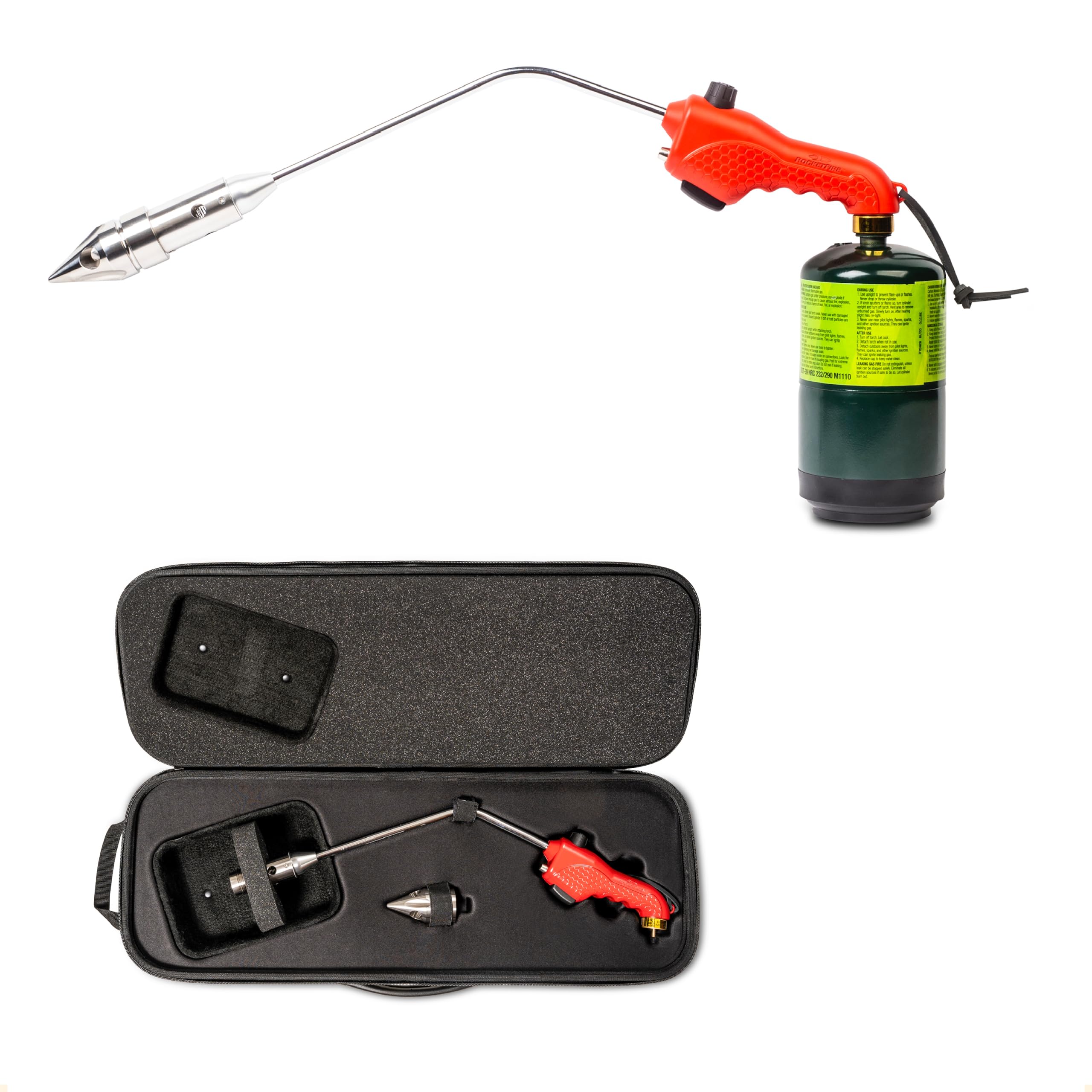 RocketFireFire Starter Torch | Perfect Propane Torch Head, Grill Gun, Charcoal Torch | Compatible with Bernzomatic Propane & MAP/PRO Fuels | Tri-Flame Tip | Fuel NOT Included | Case Included | Red