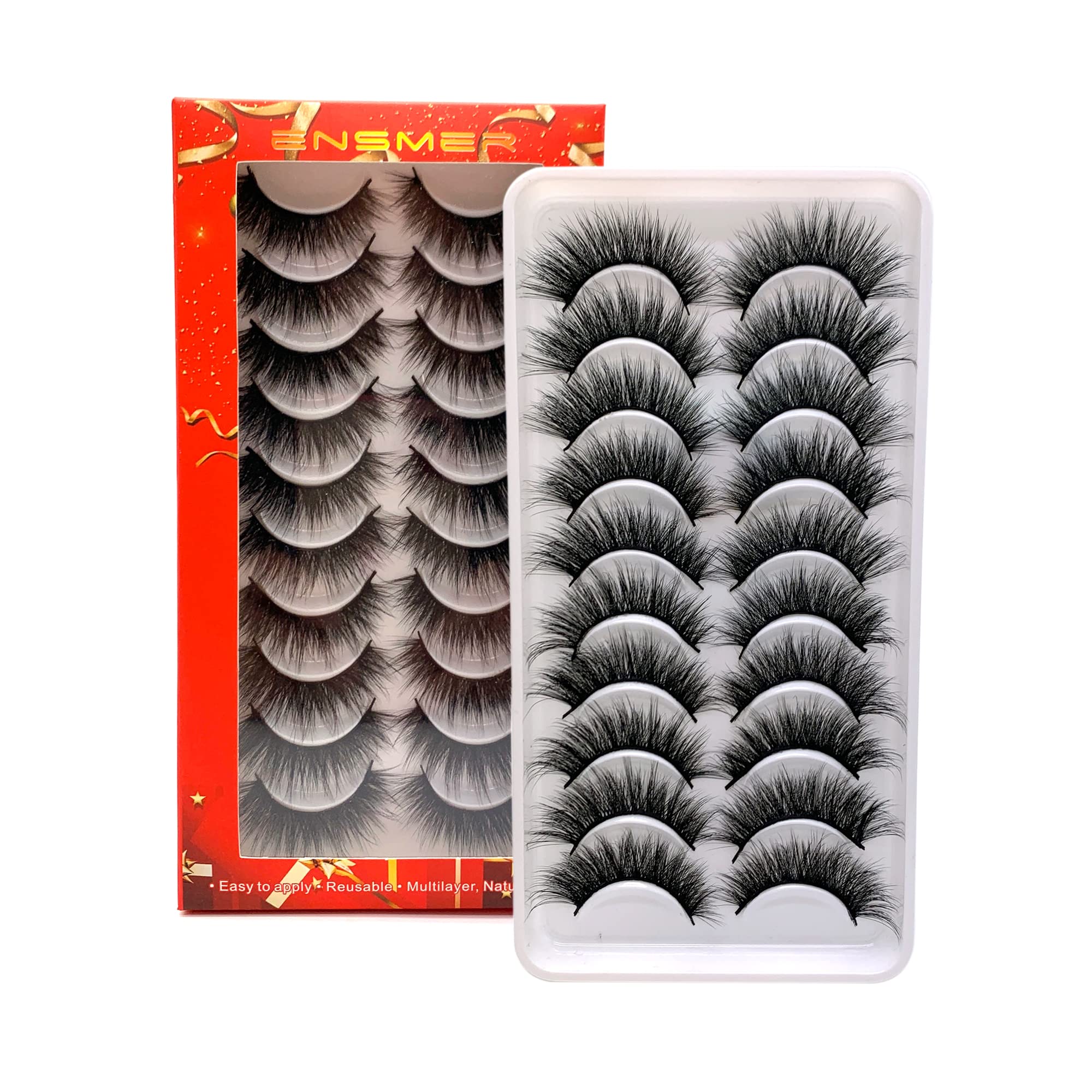 ENSMER Lashes False Eyelashes Wispies 16mm Fluffy Volume Long Thick Lashes Pack 10 Pairs Soft Reusable Fake Eyelashes (Tania)