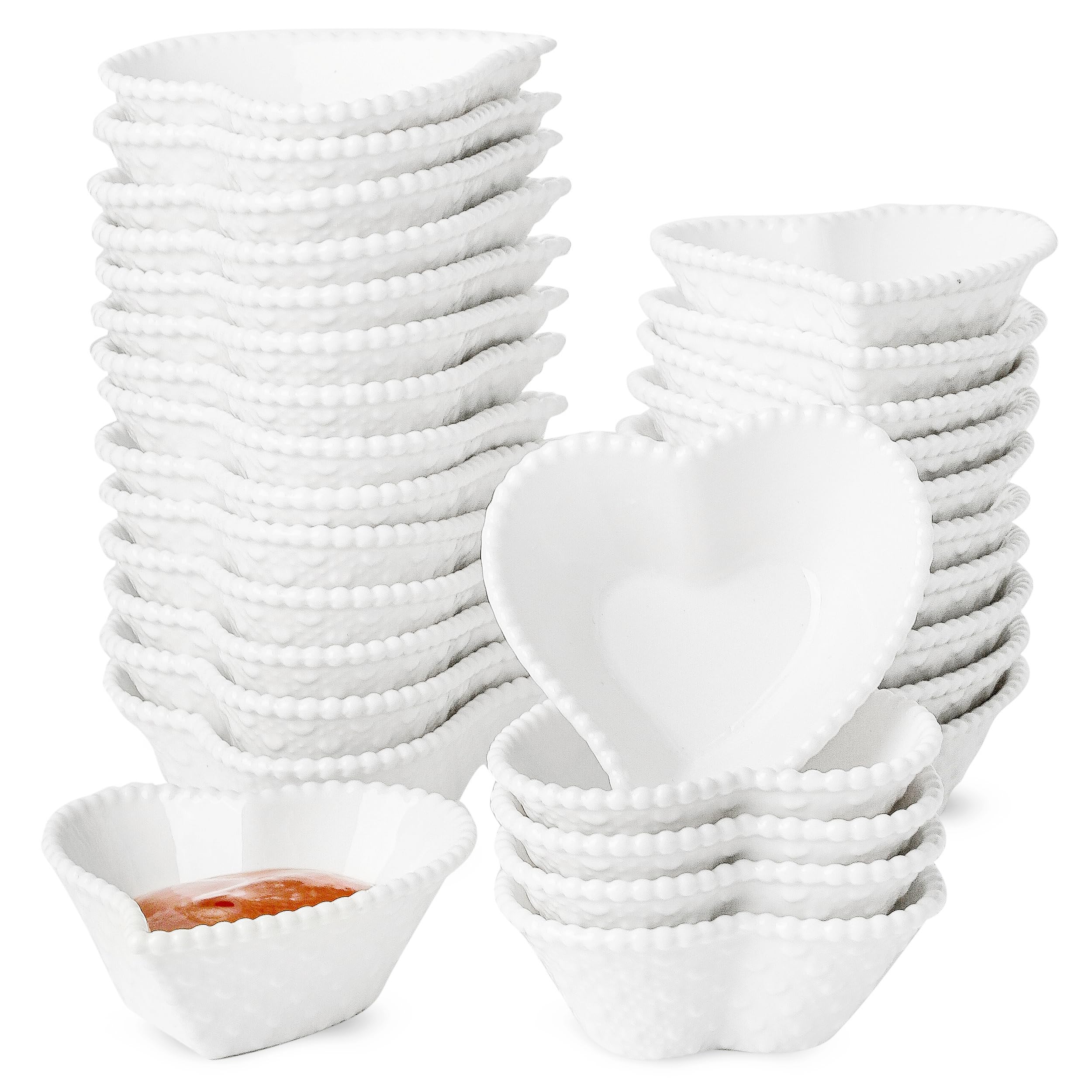UIBFCWN 30 Pack 1.7 Oz Ceramic Soy Sauce Dish, White Dipping Sauce Bowls, Heart Shape Dipping Bowls for Ketchup, Vinegar, Sushi, BBQ and Party Dinner, Condiment Server
