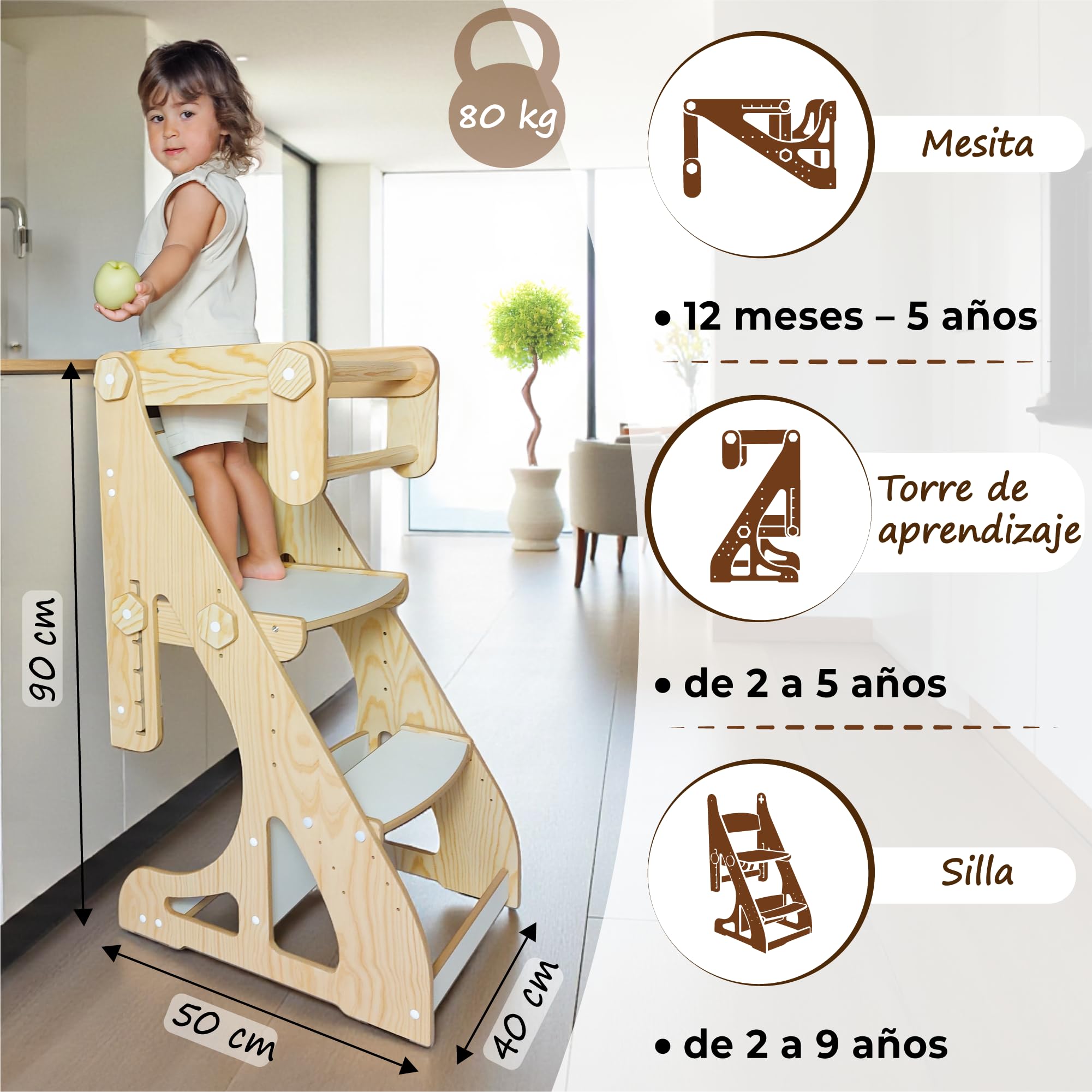 Torre Montessori 4 en 1 para niños – Torre de Aprendizaje, Mesa con Silla, Pizarra Infantil y Silla Evolutiva Ajustable – Madera Segura, 2 a 9 años (Pino)