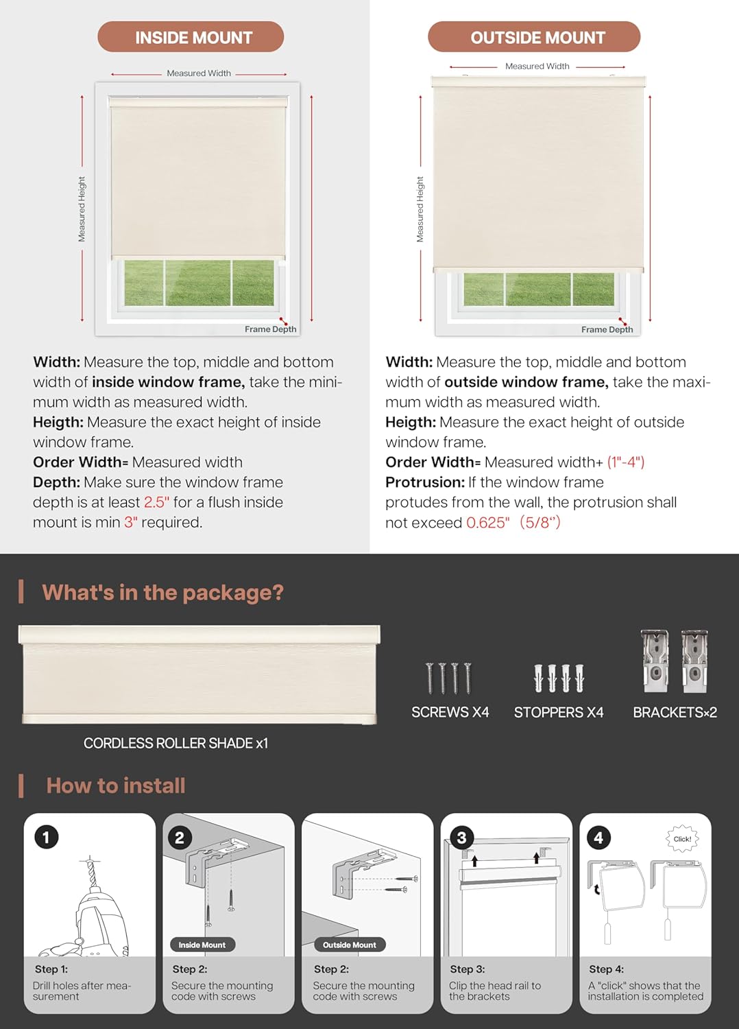 LazBlinds Cordless Roller Shades for Indoor Windows | Light-Filtering Jacquard Fabric | Custom-Sized Window Treatments for Home & Office, White