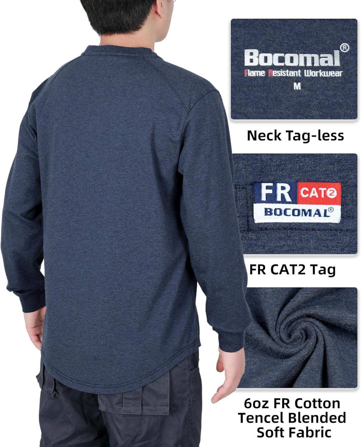 BOCOMAL FR Shirts Long Sleeve Henley Cotton Tencel Heather Blended Flame Resistant Work T Shirt CAT2 - Image 6