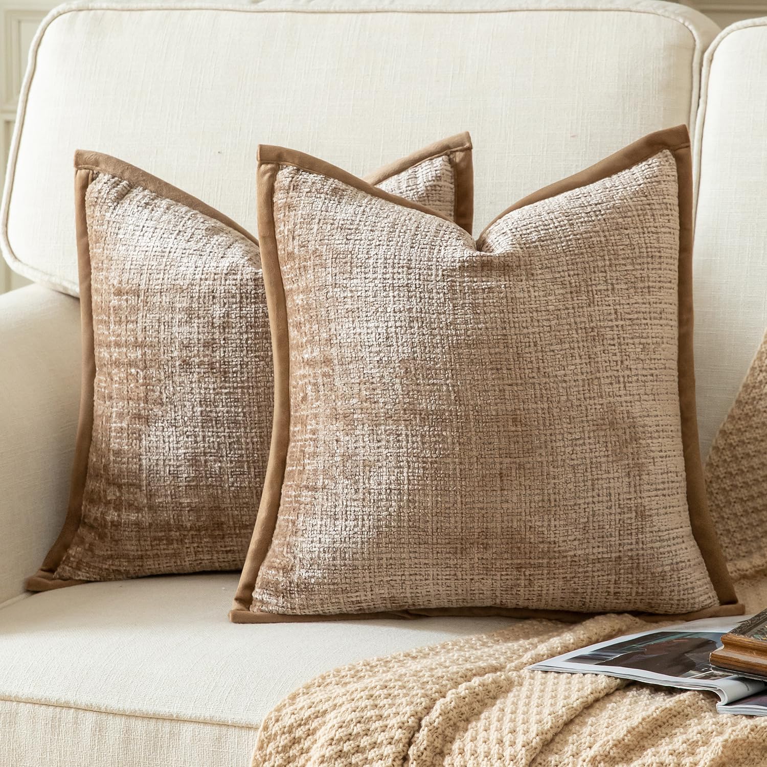 YAERTUN Pack of 2 Chenille Textured Decorative Cushion Covers Accent Solid Throw Pillow Covers Soft Cozy Pillow Case with Velvet Back for Couch Sofa Bed Living Room 26x26 Inch 65x65cm Camel