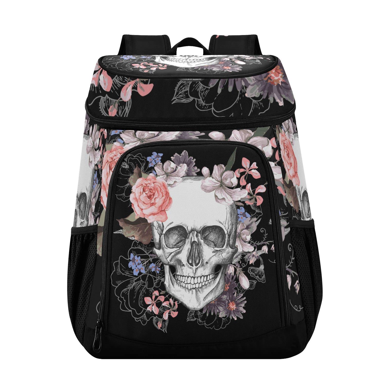 Mochila enfriadora vintage con diseño de calavera y flores, reutilizable, de gran capacidad, con aislamiento para picnic, senderismo, camping, pesca