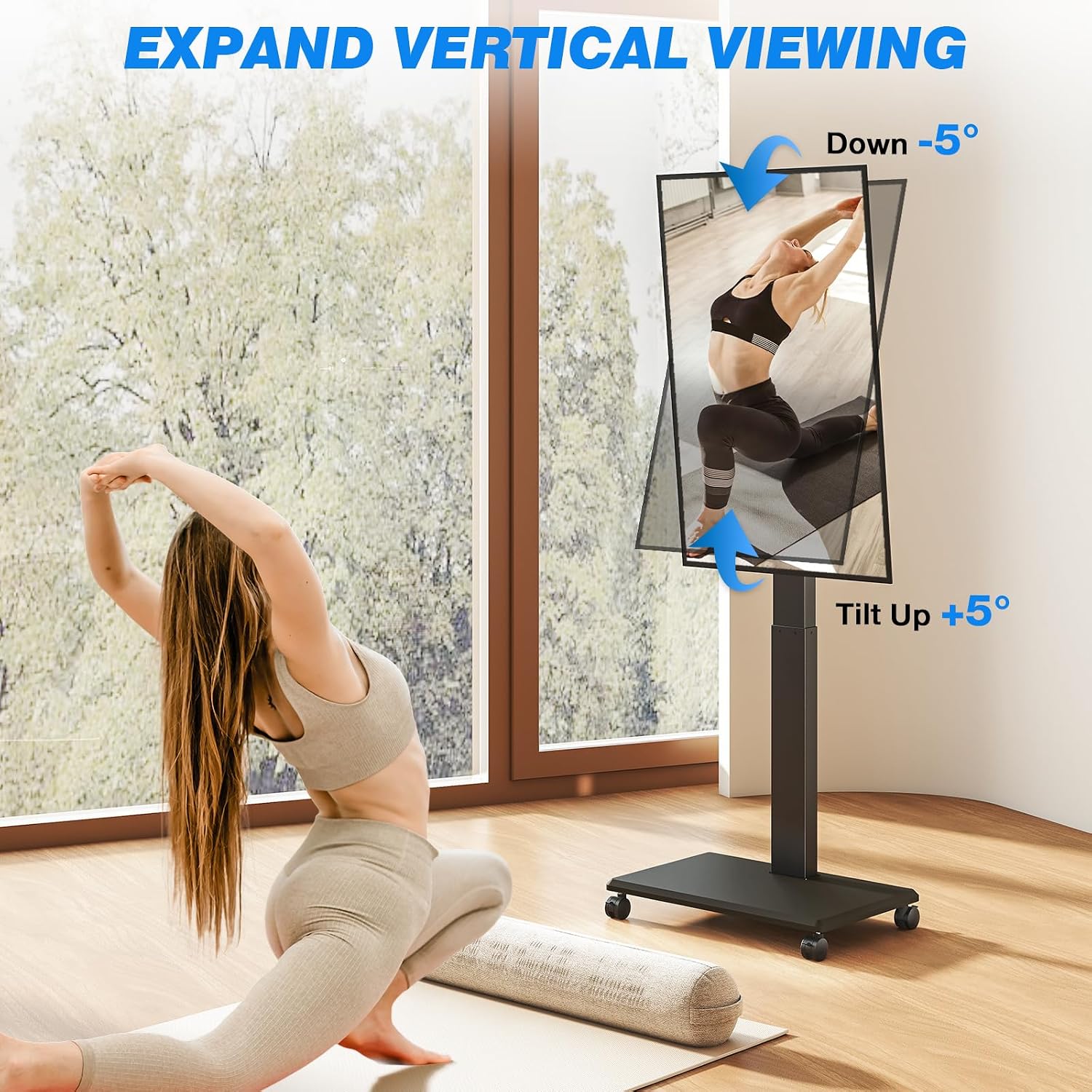 Rolling TV Stand on Wheels, Portable Mobile TV Stand for 42-75 Inch TVs up to 110 lbs, Height Adjustable TV Cart with Swivel & Tilt Mount for Bedroom Office Outdoor, Max VESA 600x500mm, Black