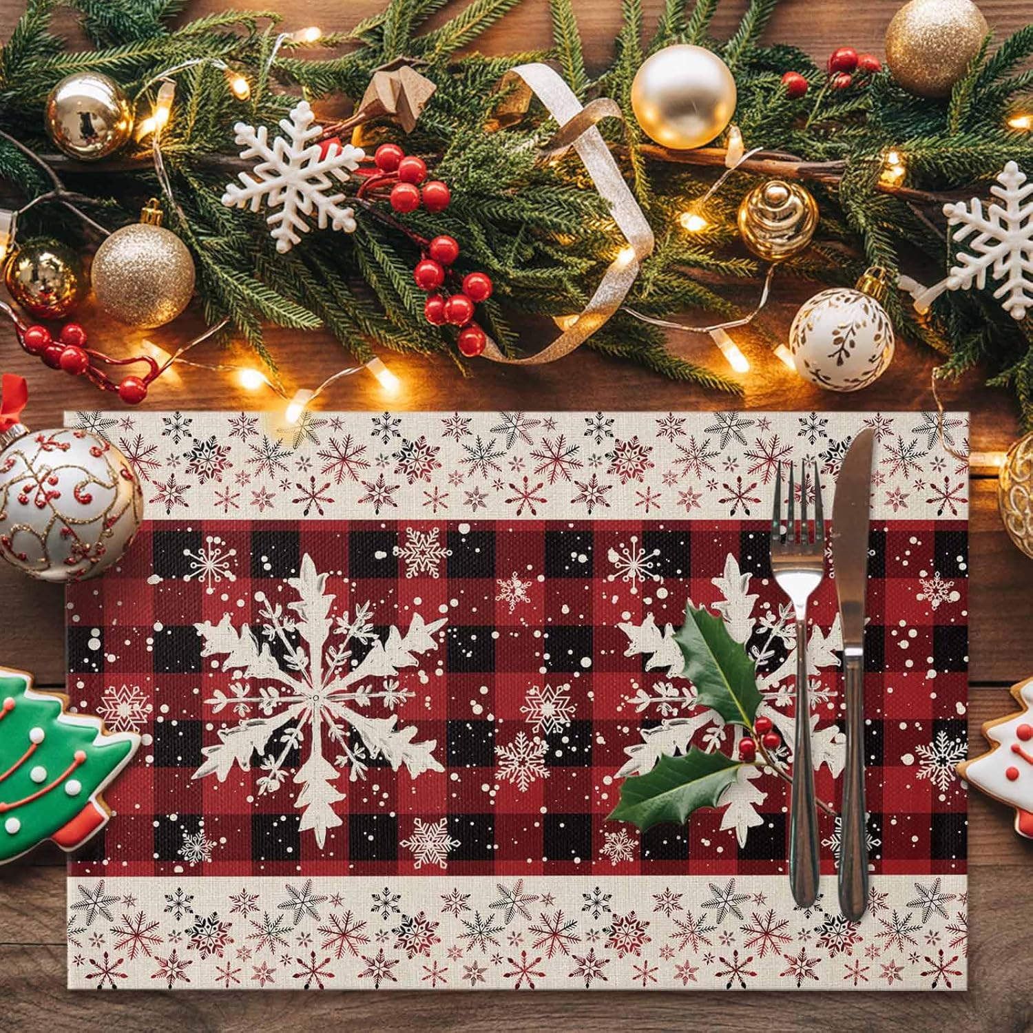 Christmas Placemat Snowflake Non-Slip/Wipe Clean Linen Dining Table Mat Set Red Black Buffalo Plaid Heat-Resistant Table Liner for Holiday/Party/Outdoor, Table Decoration Anniversary Set of 12
