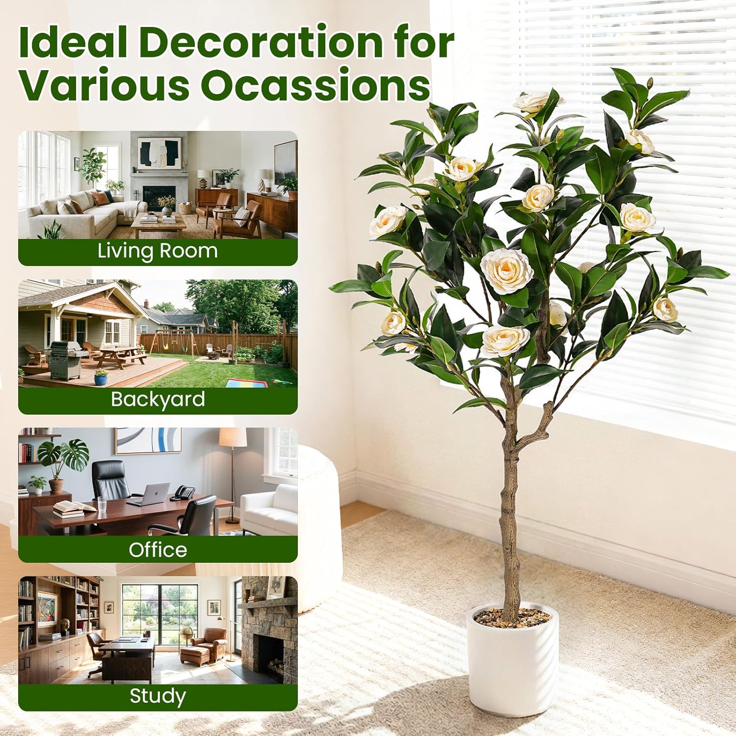 Artificial Camellia Tree 4ft, 2 Pack Indoor Fake Plant with Realistic Trunk, Leaves, Flowers and White Planter, Faux Potted Tree for Home Decor and Housewarming Gift