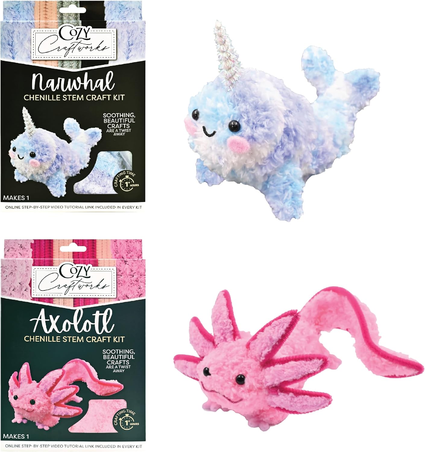 WeVeel Cozy Craftworks Chenille Stem Craft Kit for Adults – CC Axolotl and Narwhal – Relaxing DIY Arts & Crafts Kit with All Supplies